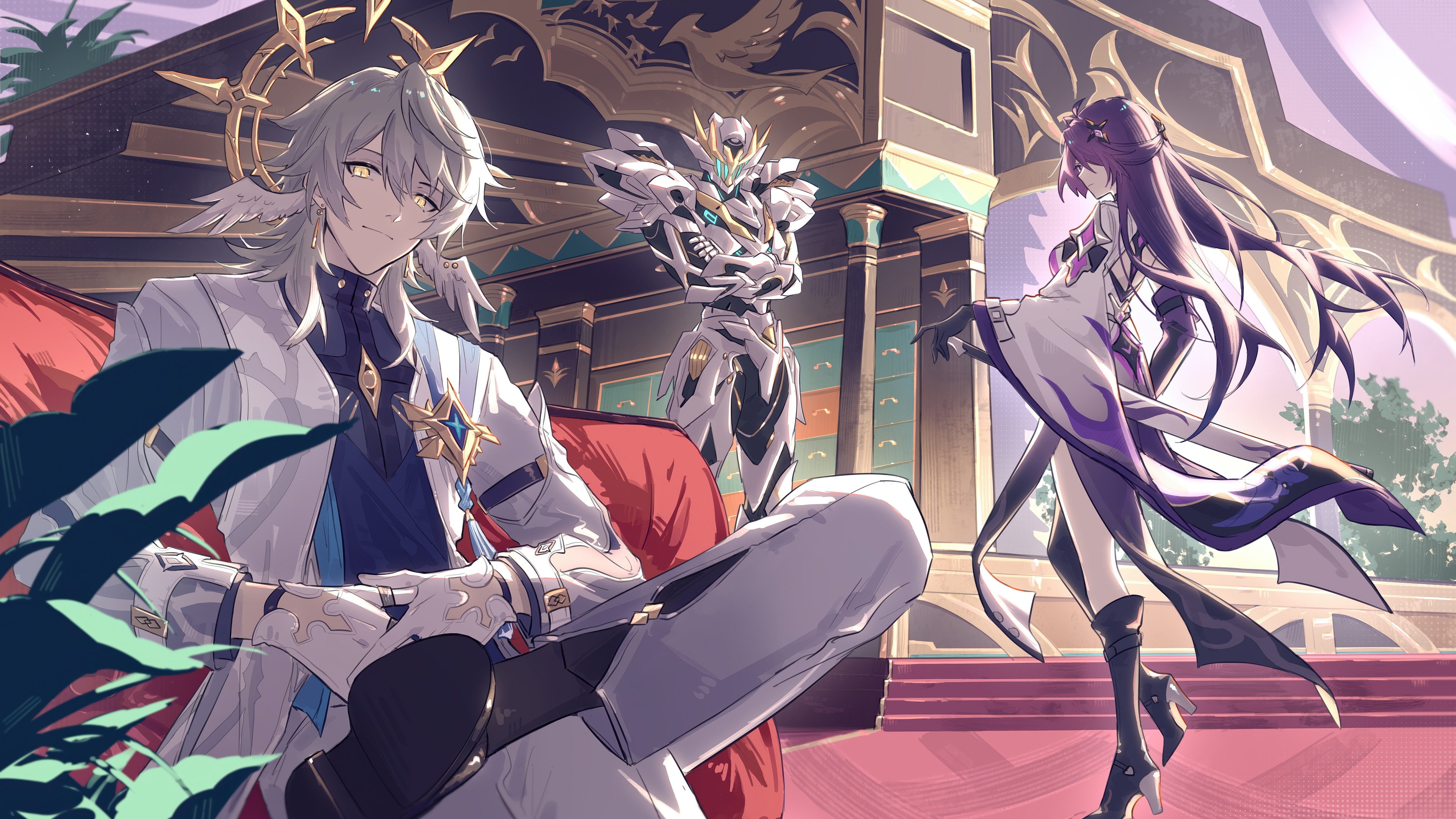 Honkai Star Rail: Acheron, Sam, and Sunday in a grand hall HD Wallpaper