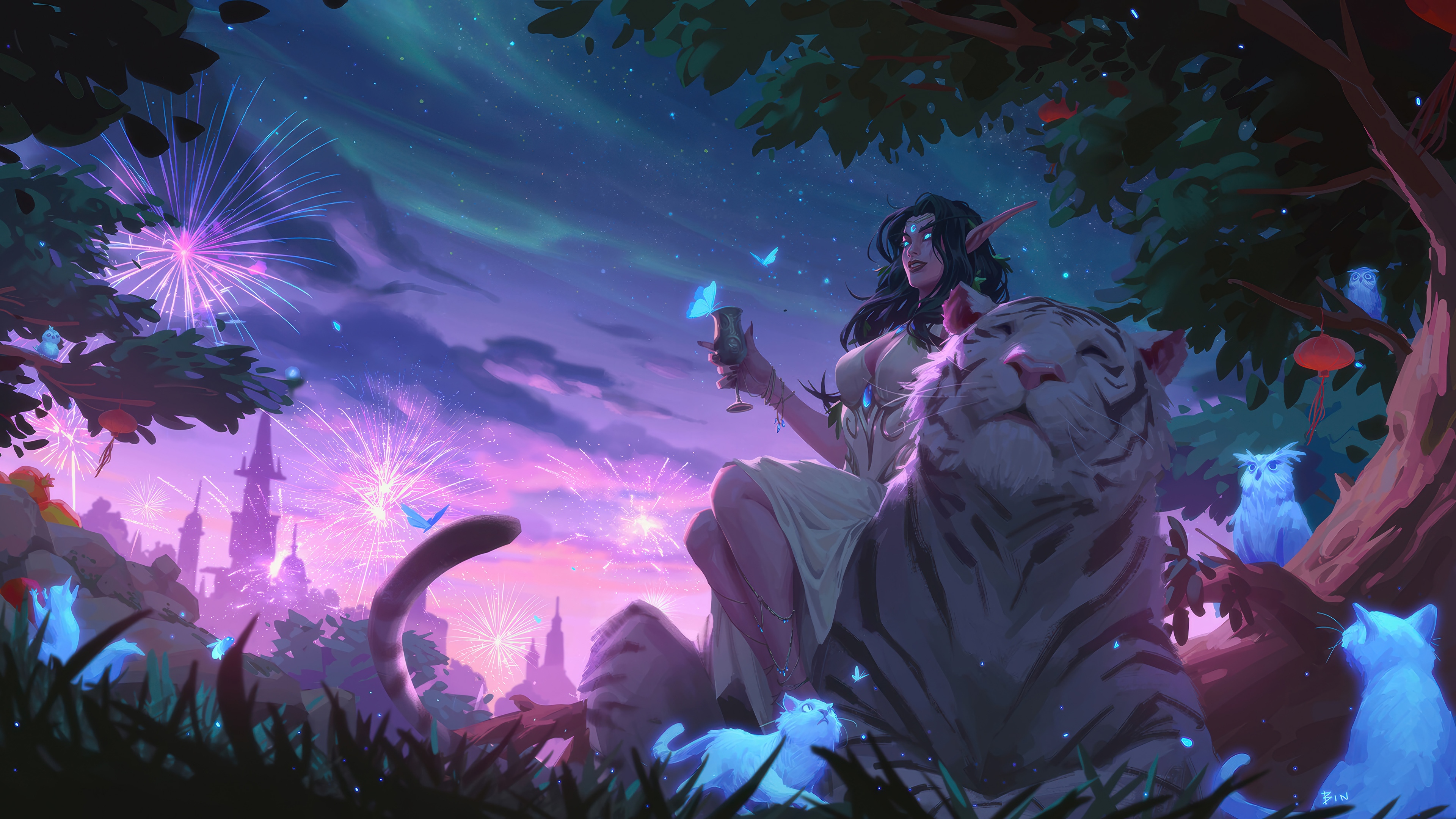 Tyrande Whisperwind and a white tiger at night HD Wallpaper