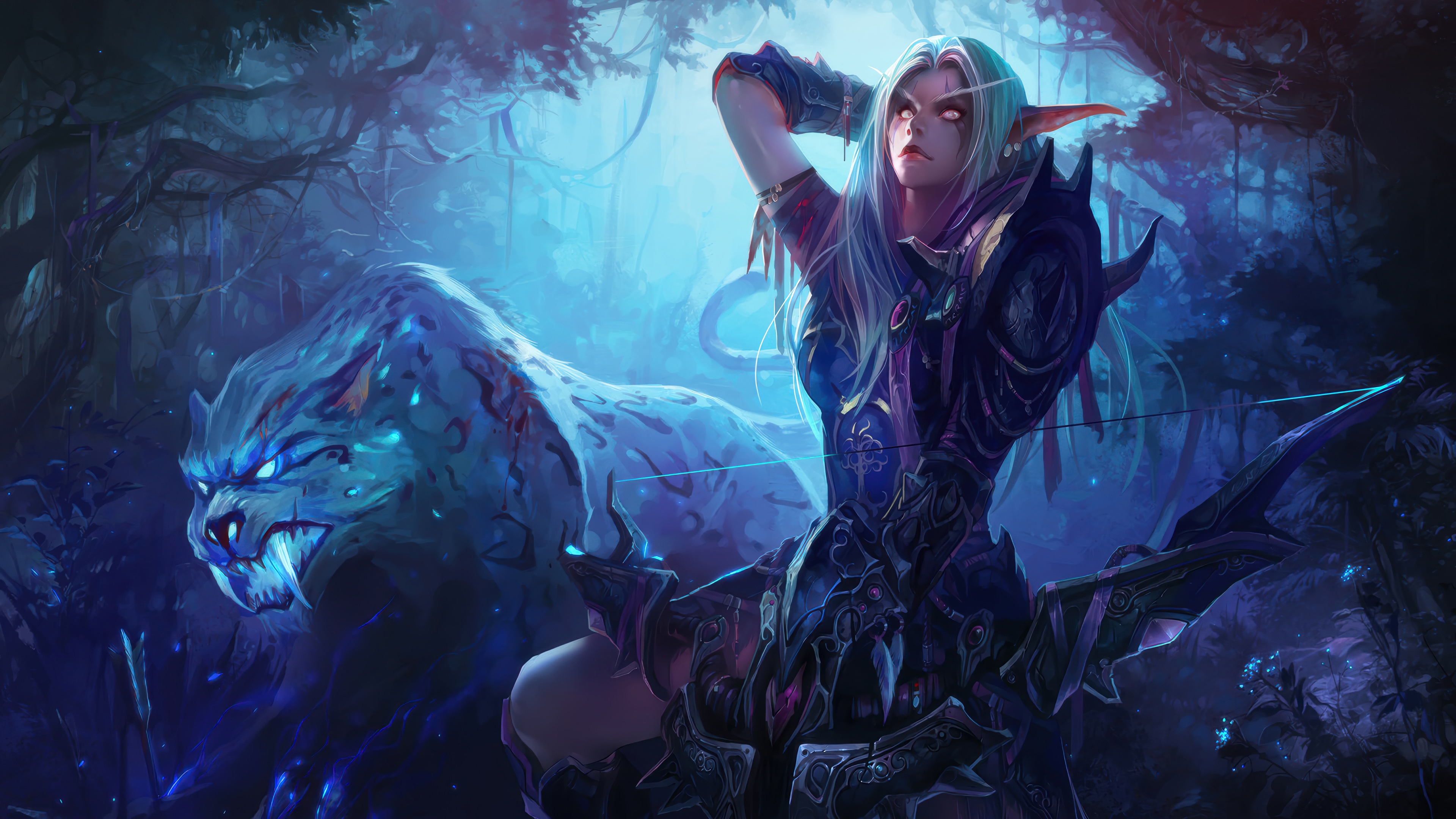 Night Elf Hunter with Panther in Forest 4K HD Wallpaper
