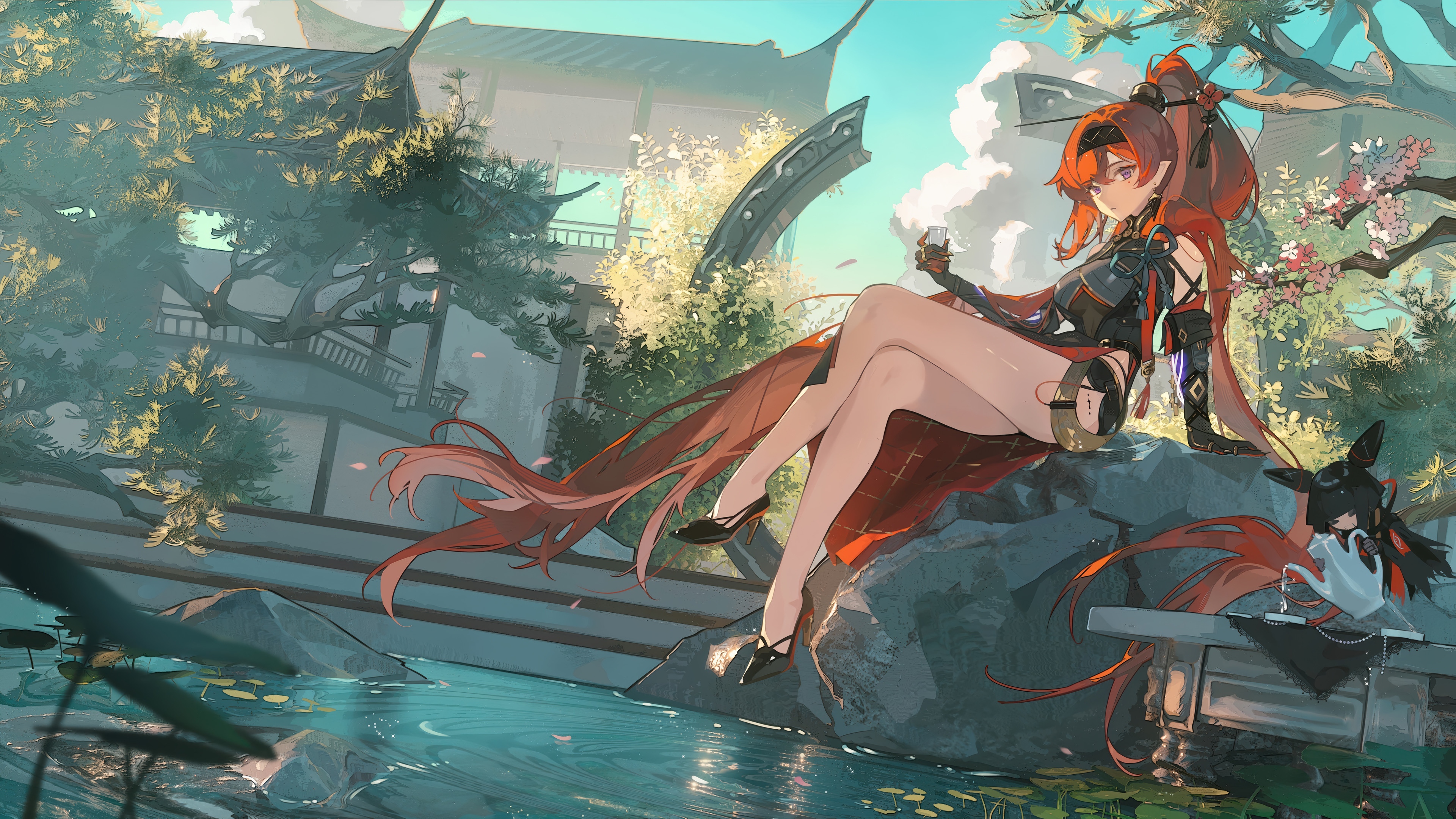 Yinlin from Wuthering Waves sitting by a pond HD Wallpaper