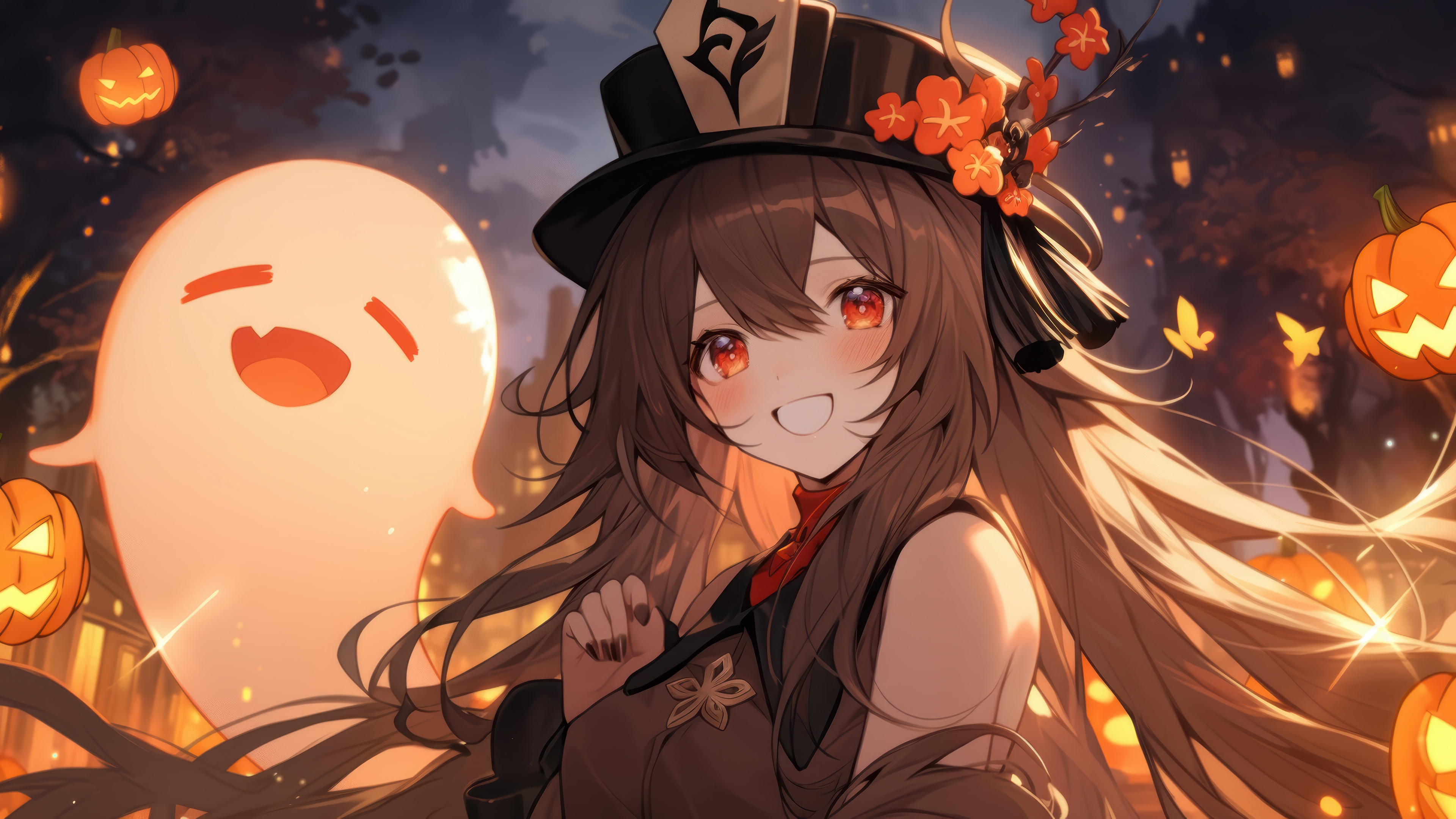 Hu Tao and a ghost celebrating Halloween with pumpkins HD Wallpaper