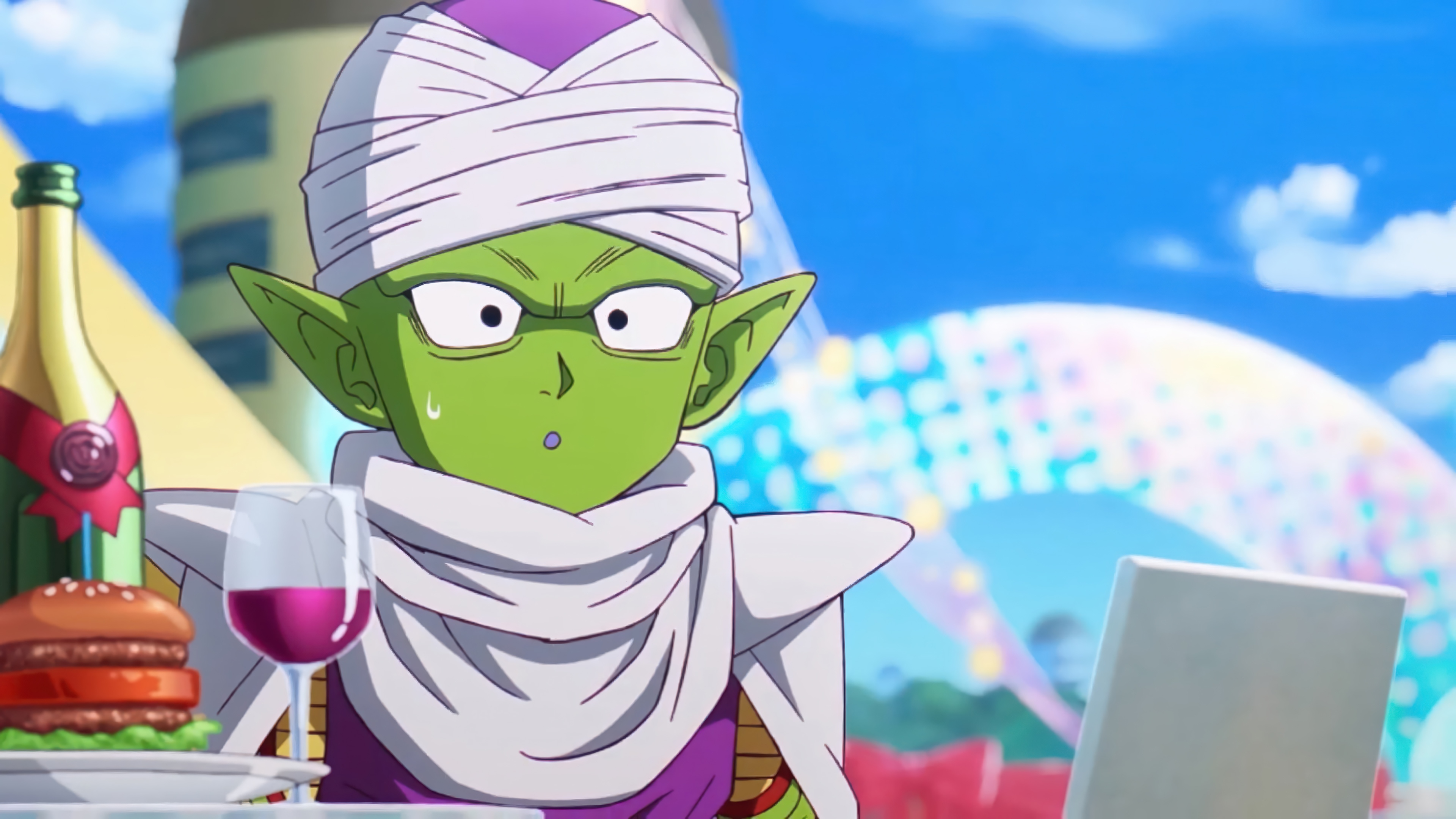 Piccolo from Dragon Ball DAIMA with a burger and wine HD Wallpaper