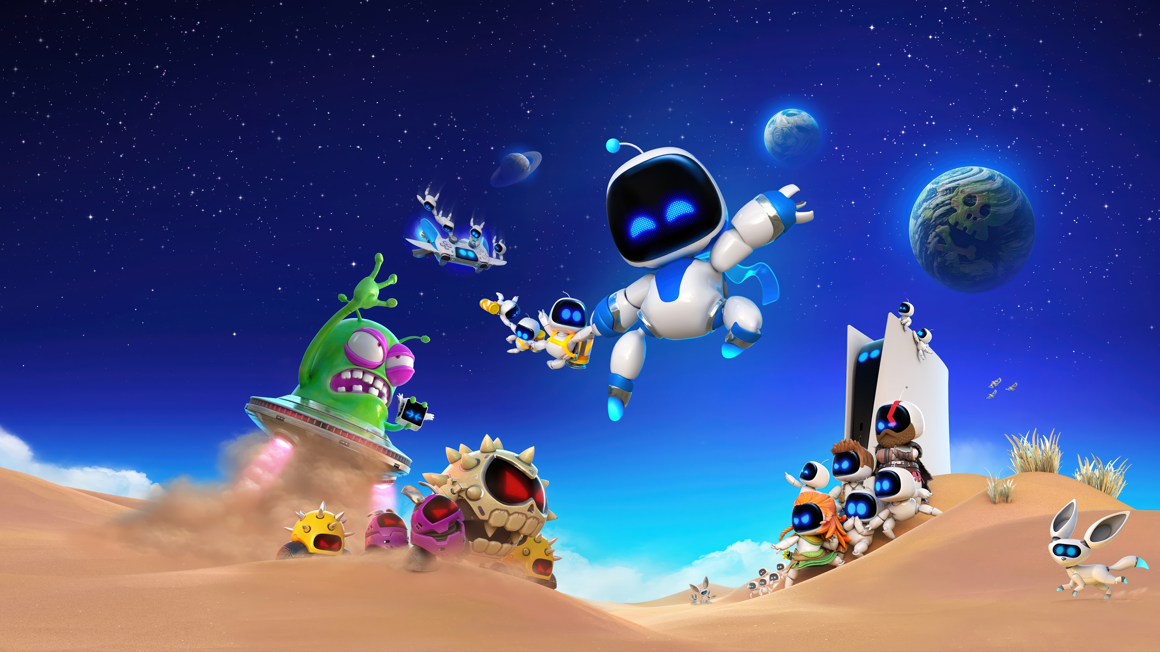 Astro Bot and friends on a desert planet HD Wallpaper