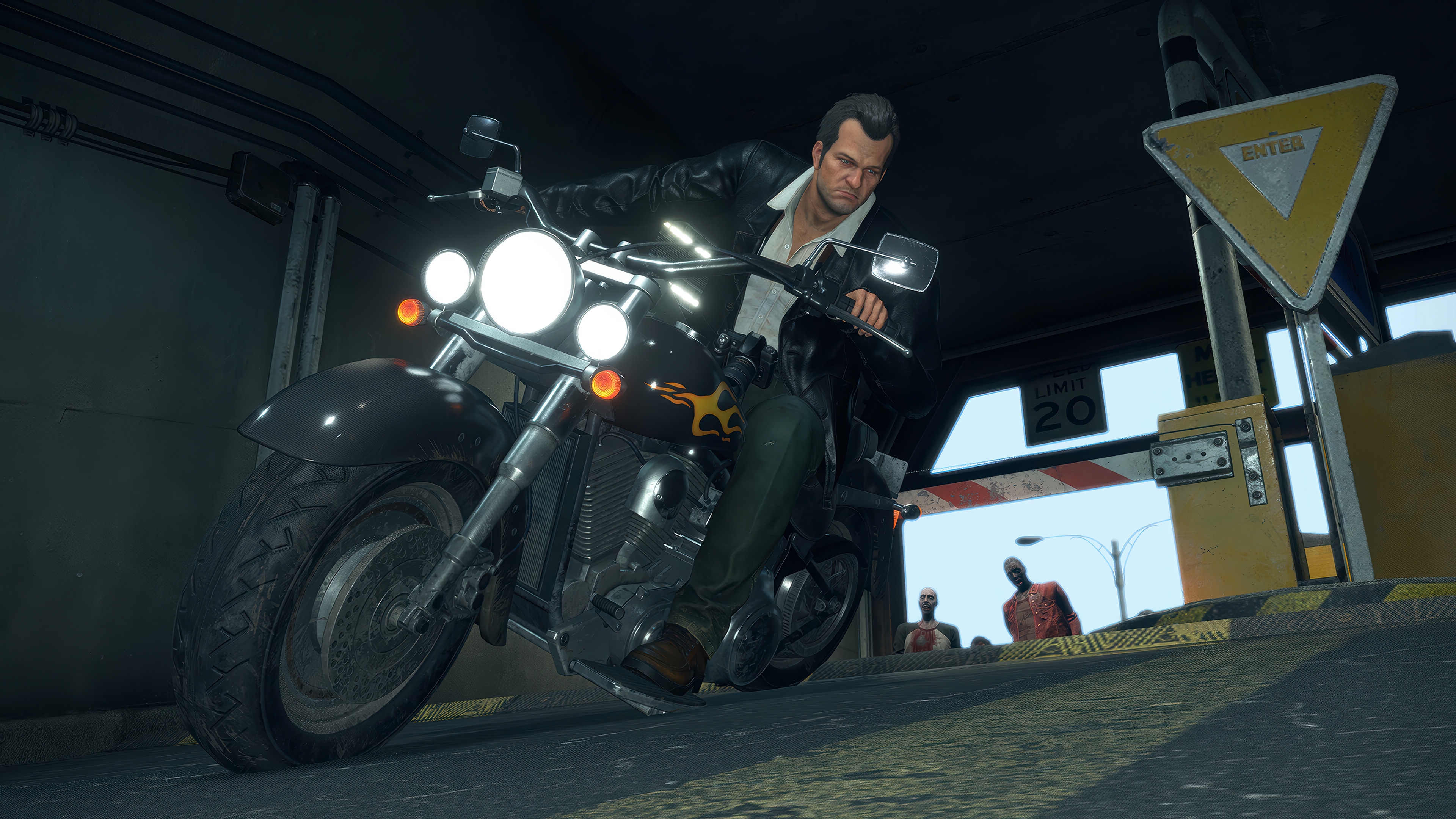 Frank West riding a motorcycle with zombies in the background HD Wallpaper