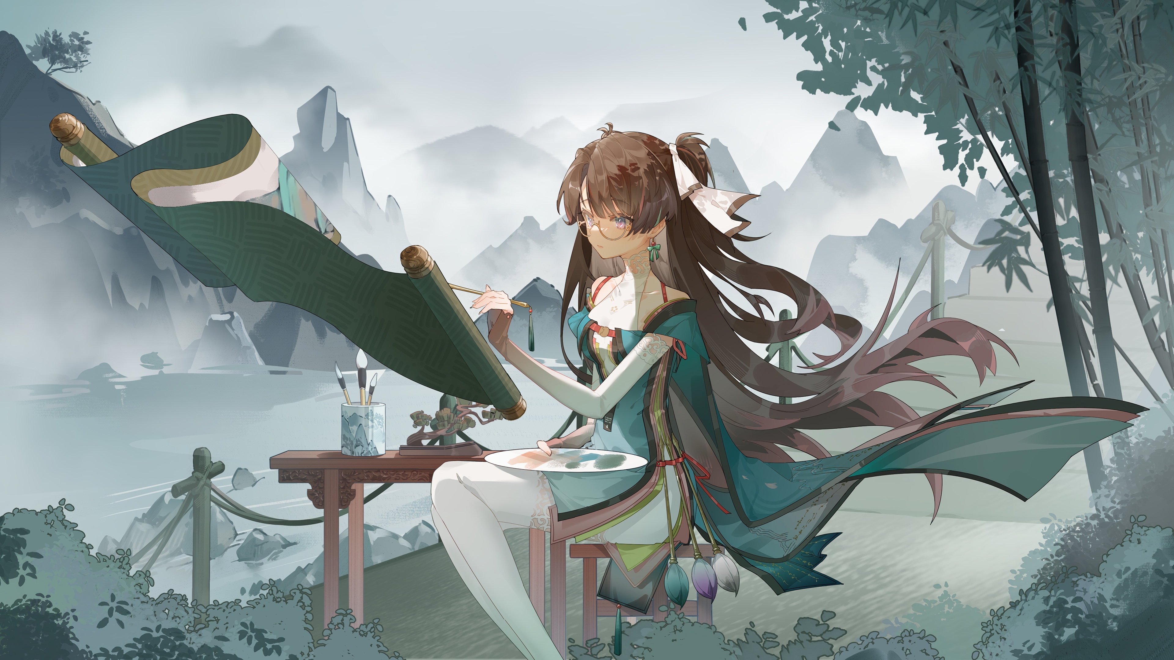 Zhezhi from Wuthering Waves painting a scroll HD Wallpaper