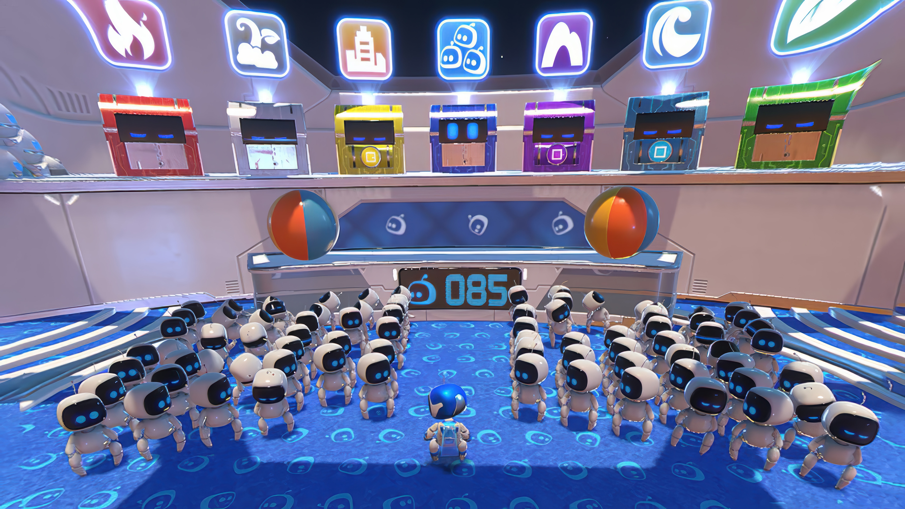 Astro Bot and many smaller bots in a futuristic setting HD Wallpaper
