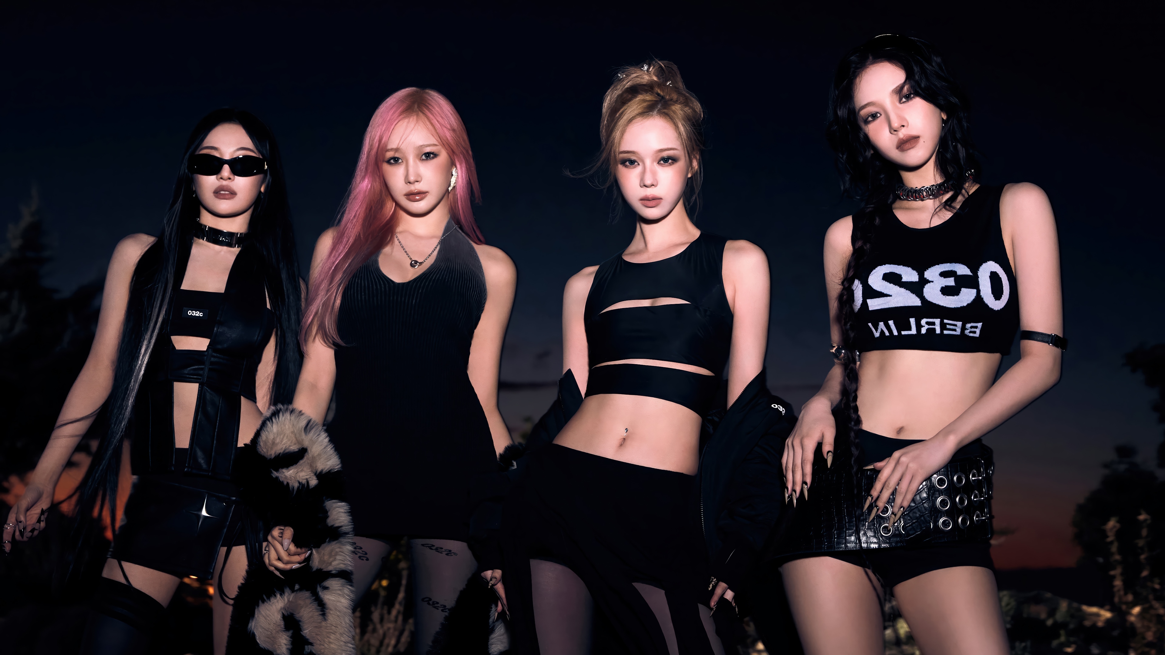 Aespa members Karina, Winter, Ningning, and Giselle in black outfits HD Wallpaper