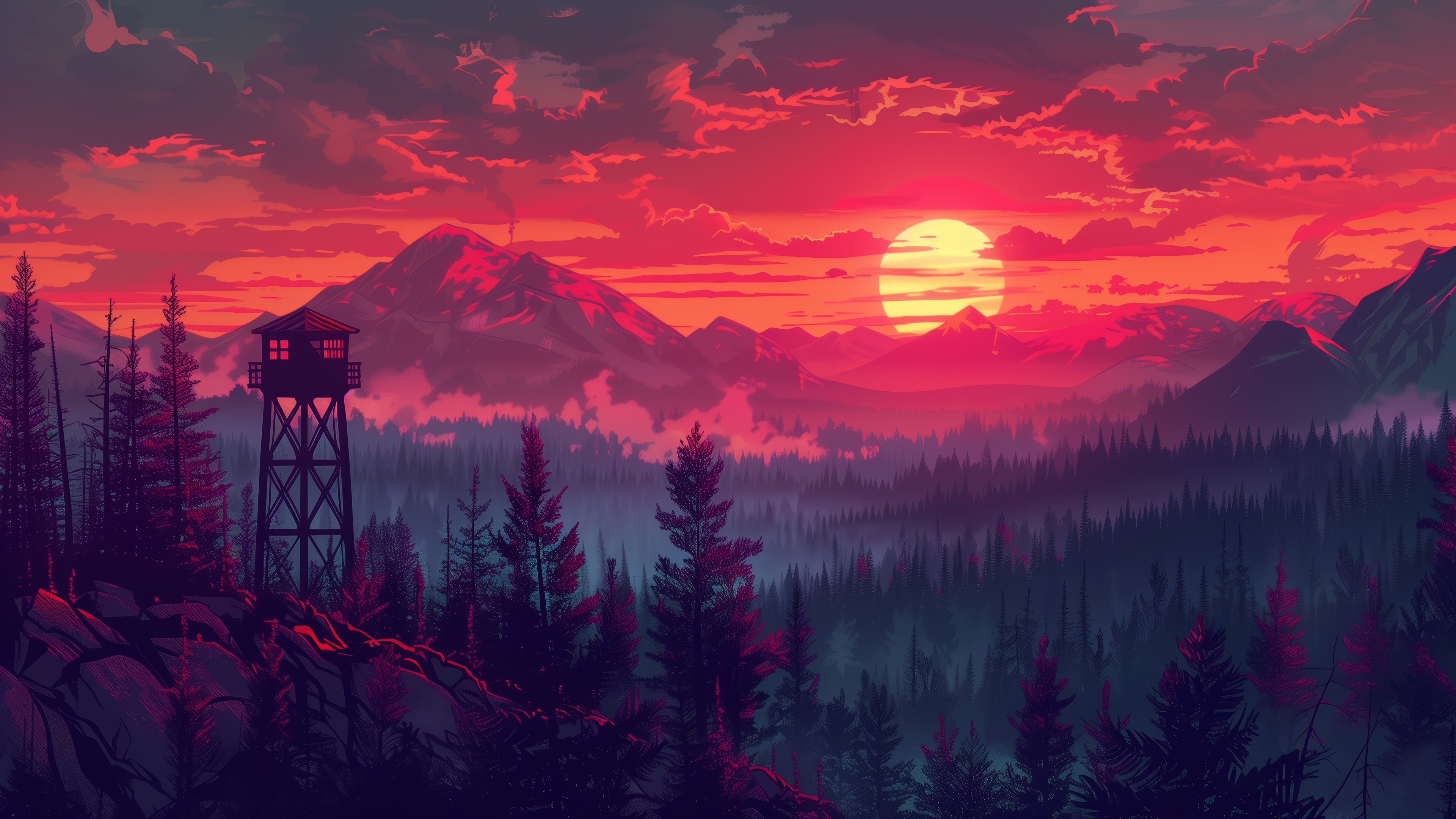 Fire Lookout Tower in Forest at Sunset 4K HD Wallpaper