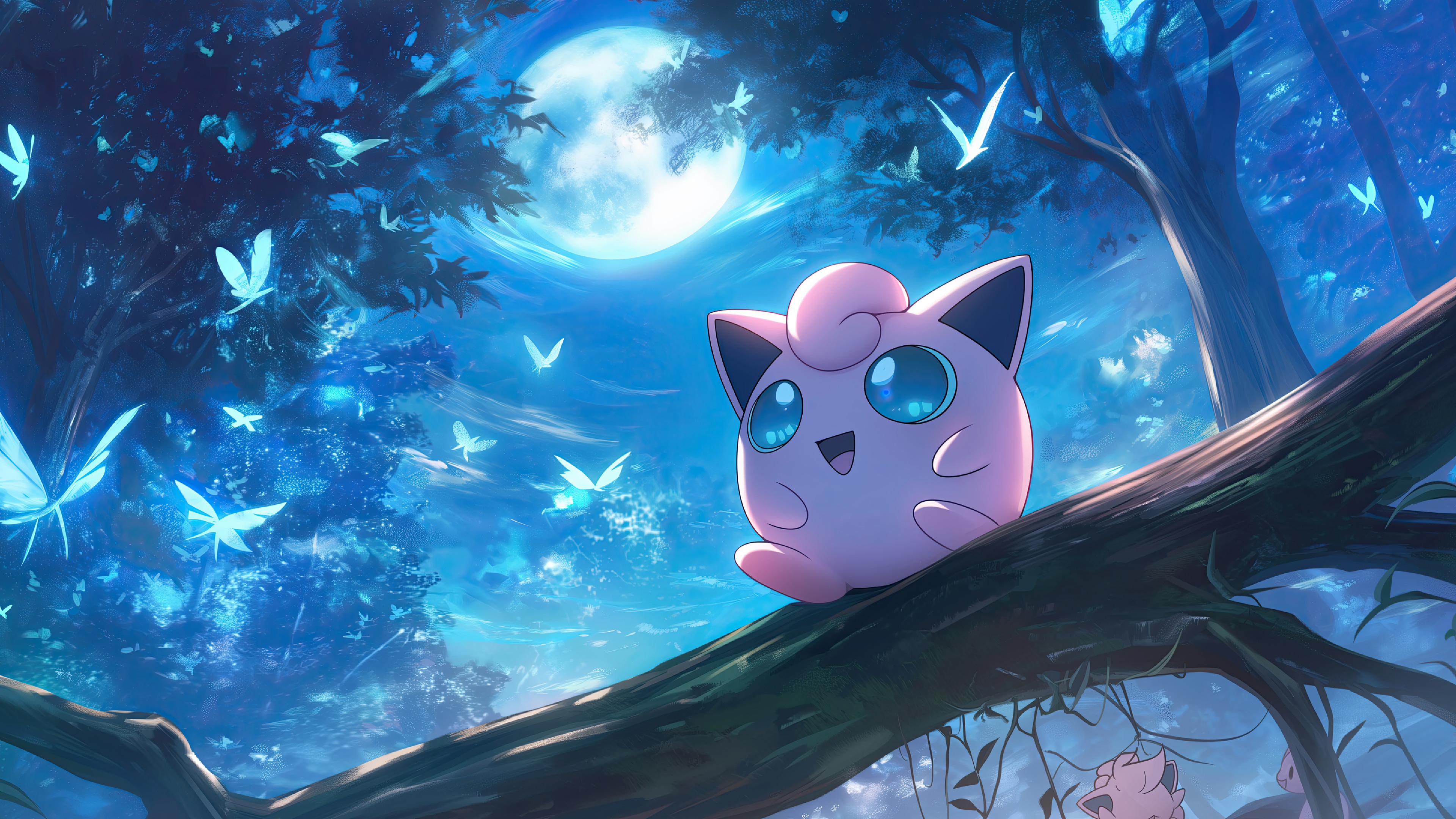 Jigglypuff in a Moonlit Forest with Butterflies 4K HD Wallpaper