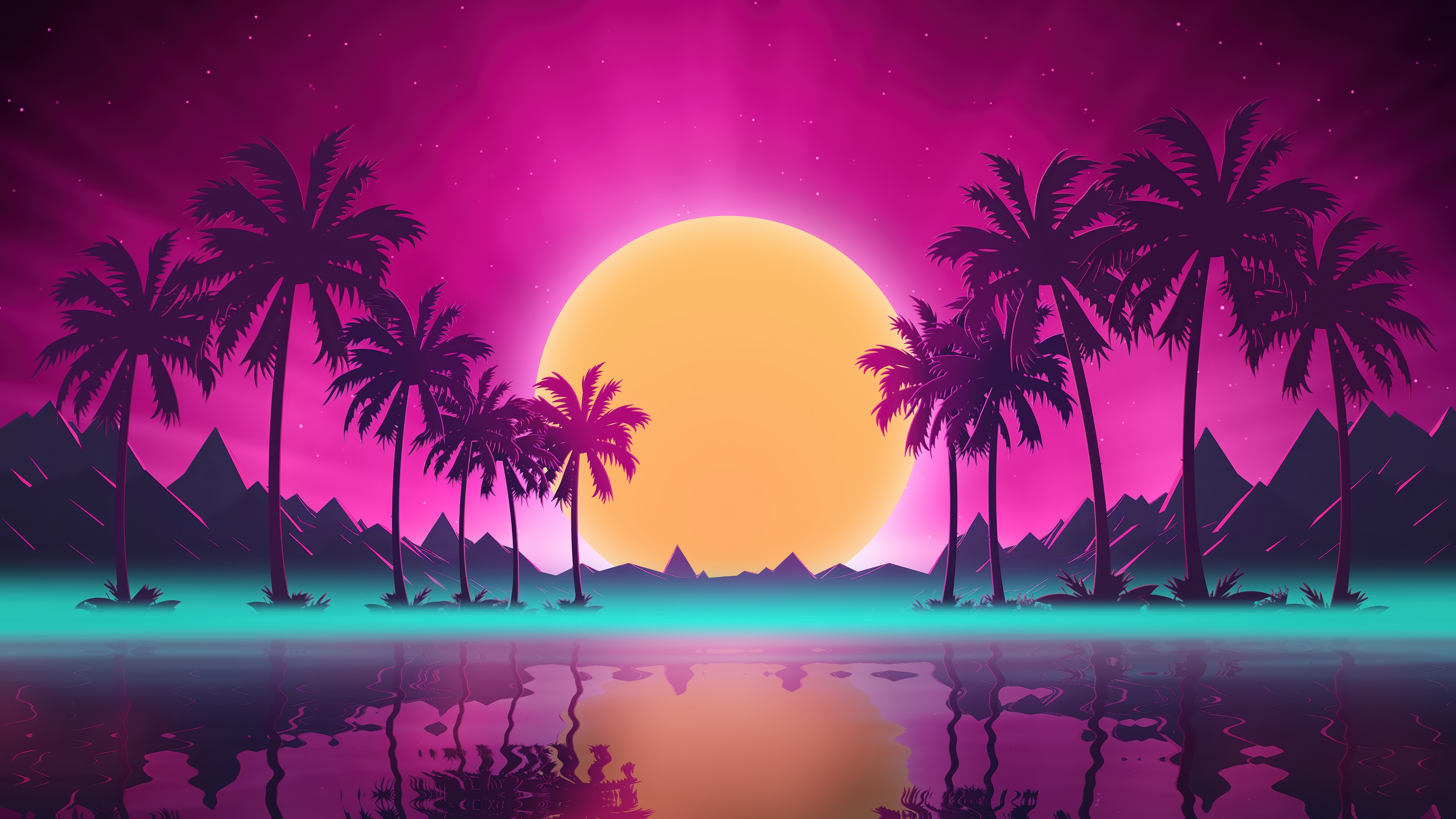Retro Sunset with Palm Trees and Mountains 4K HD Wallpaper