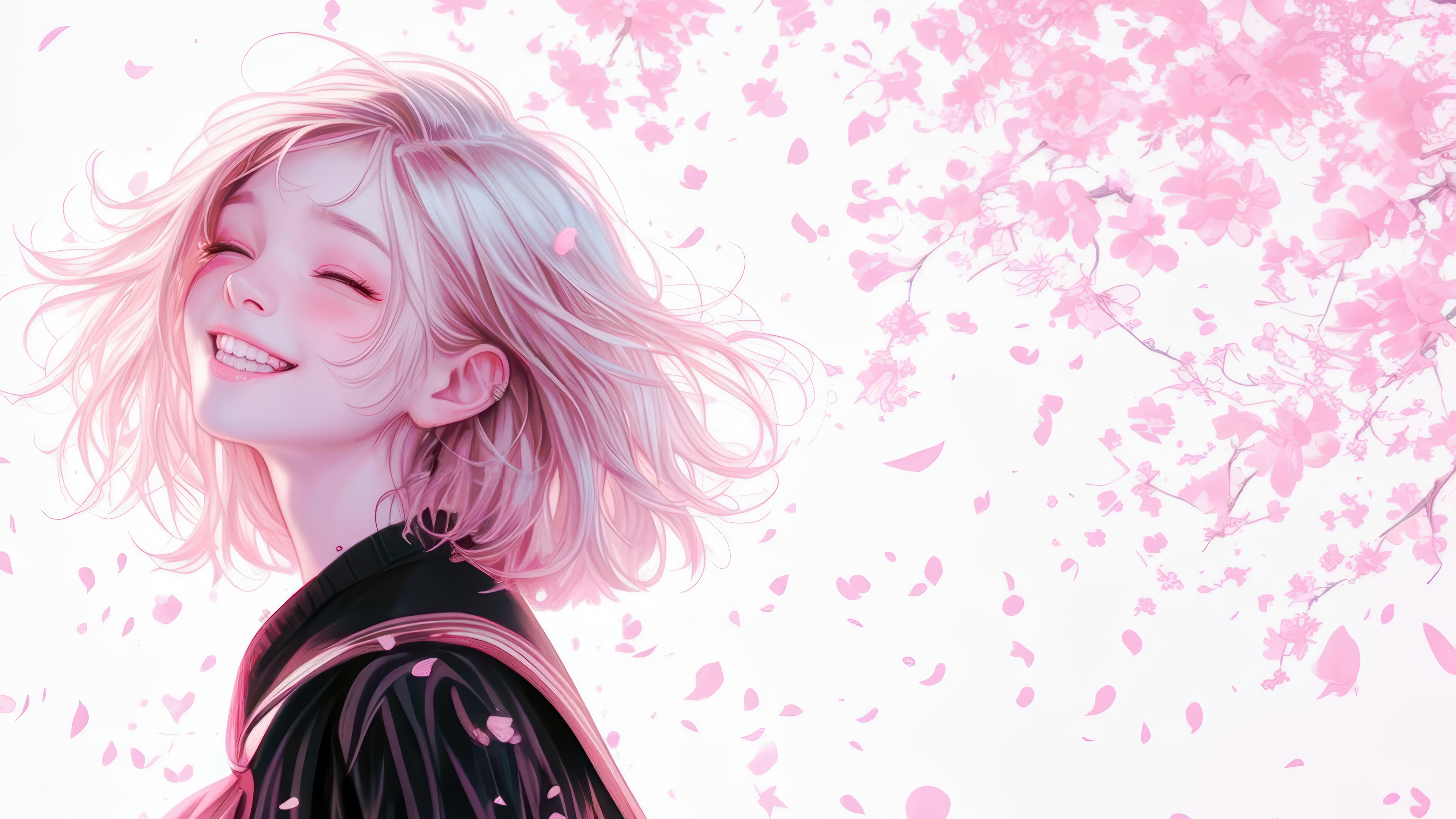 Anime Girl in School Uniform Under Cherry Blossoms 4K HD Wallpaper