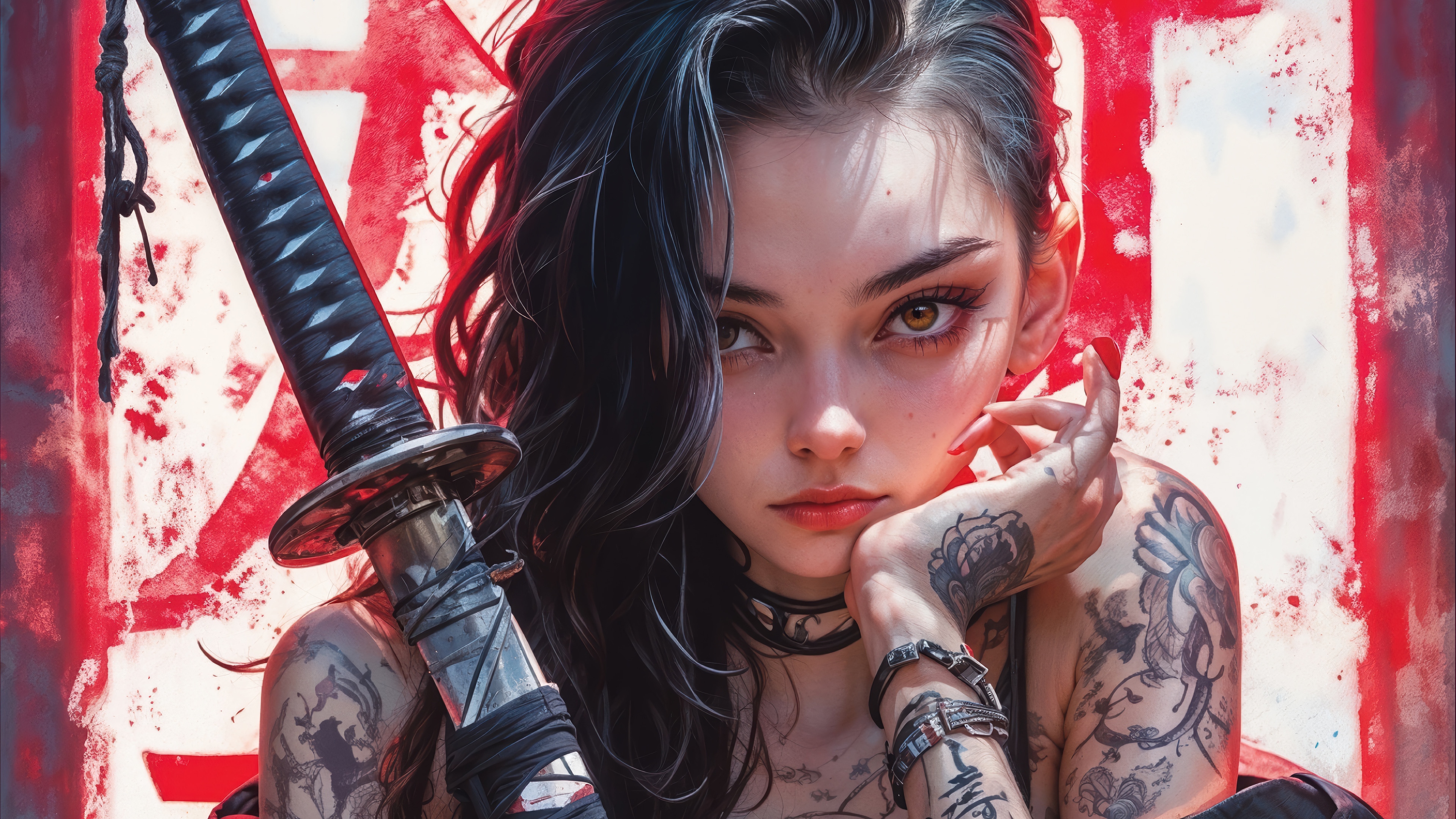 Anime girl with katana and tattoos HD Wallpaper