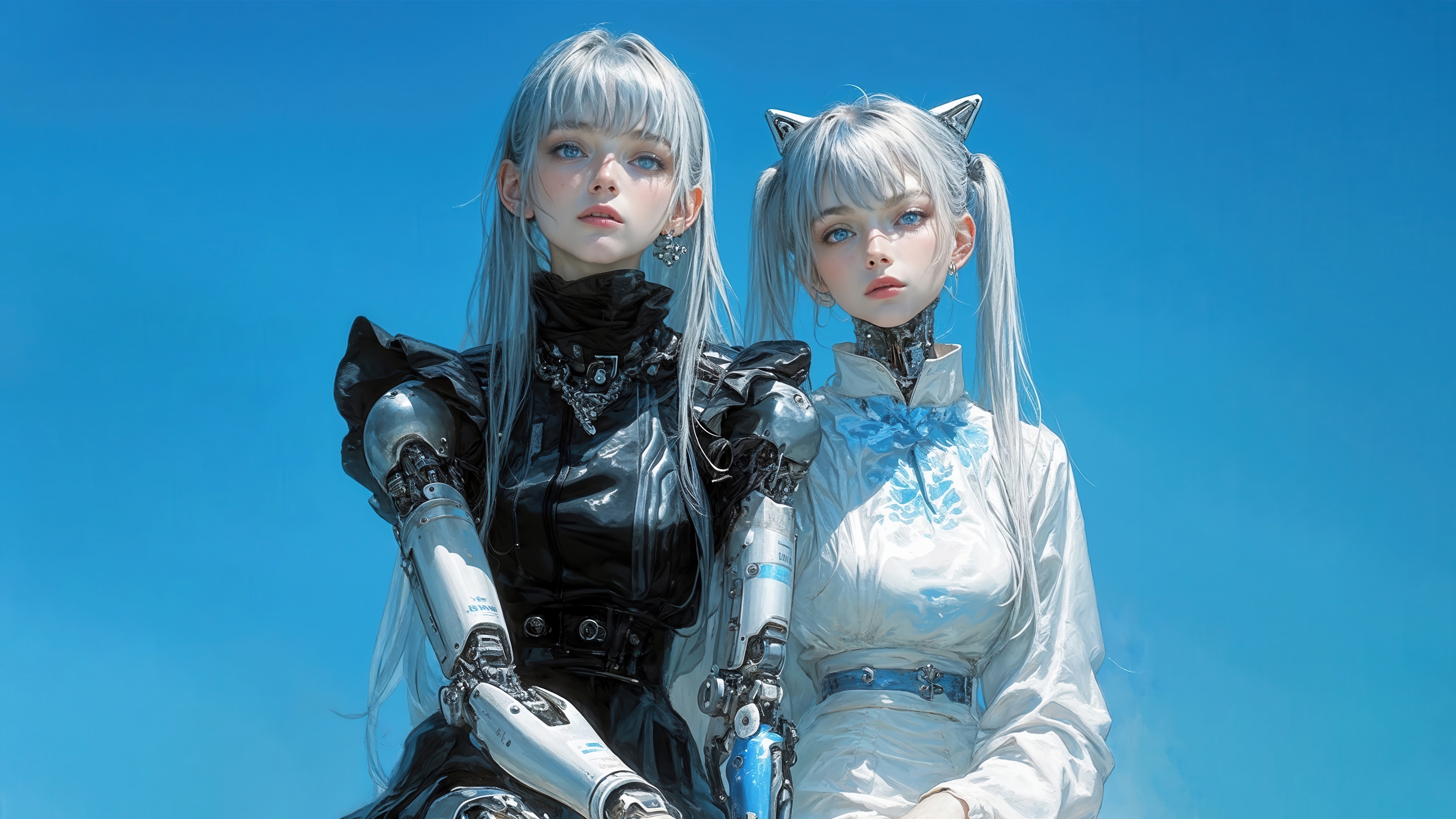Cyberpunk Anime Girls with White Hair in 4K HD Wallpaper