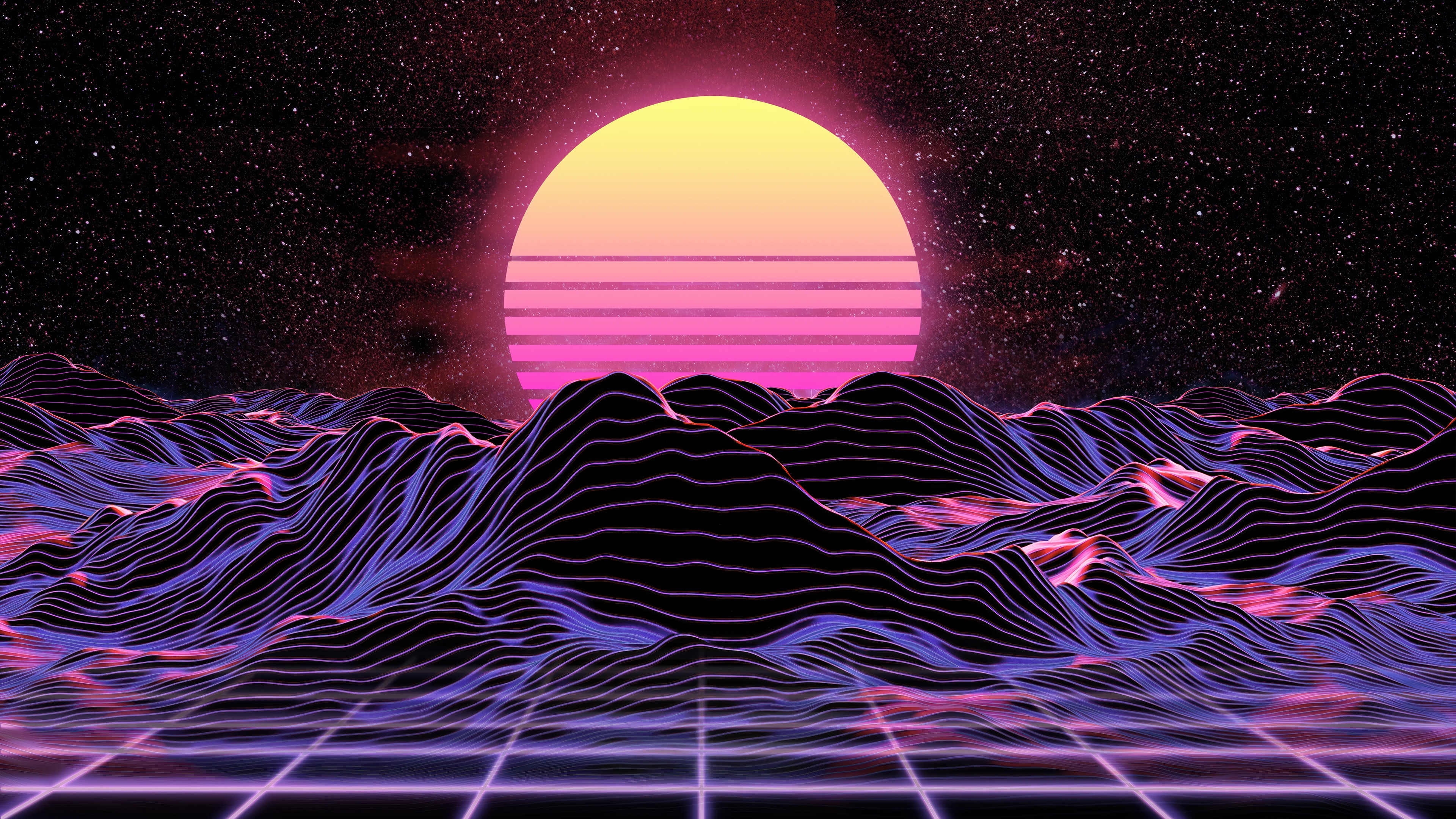 Synthwave Digital Art 4K Sunset Over Mountains HD Wallpaper
