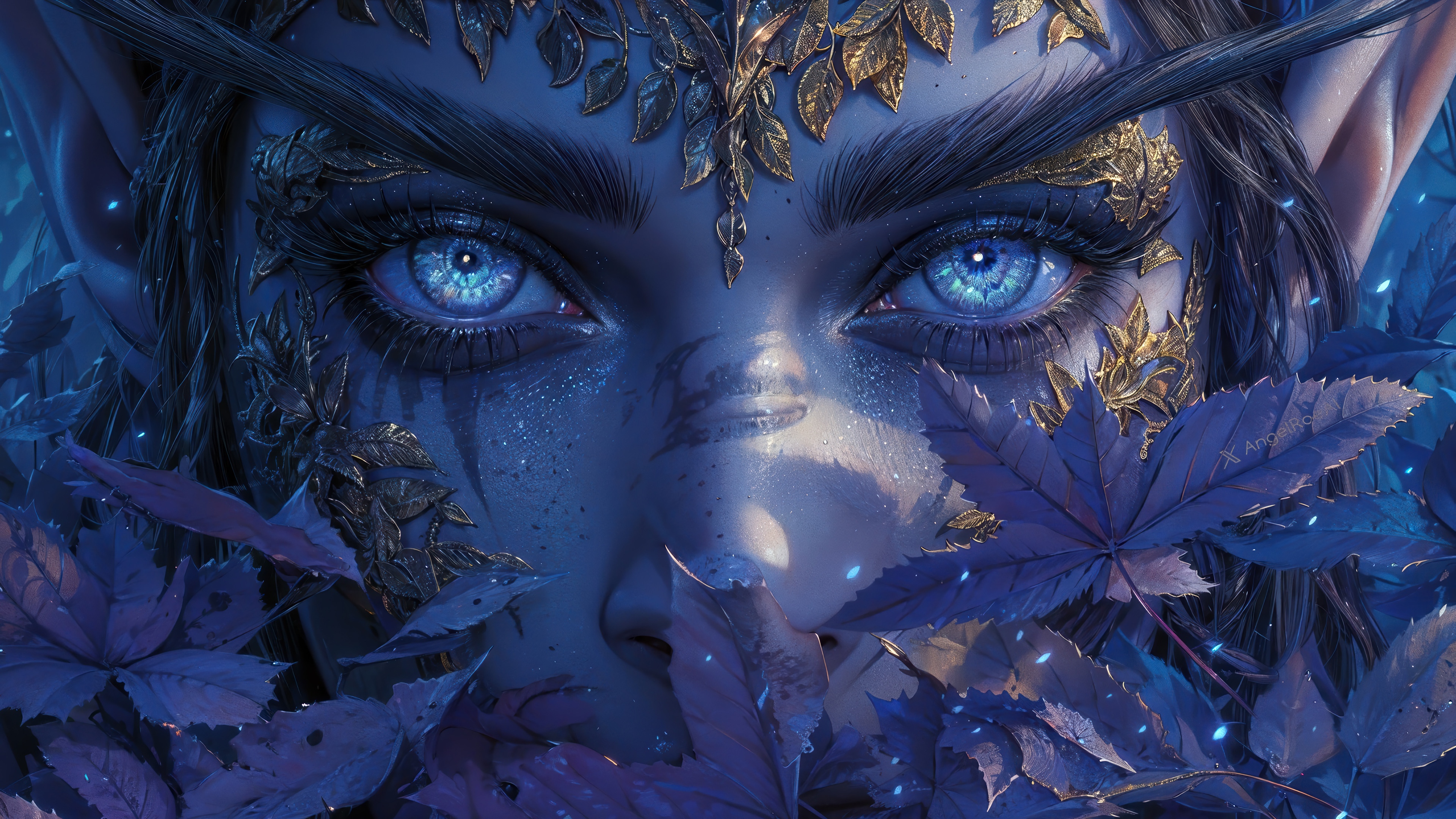 Elf with striking blue eyes and golden leaf crown HD Wallpaper