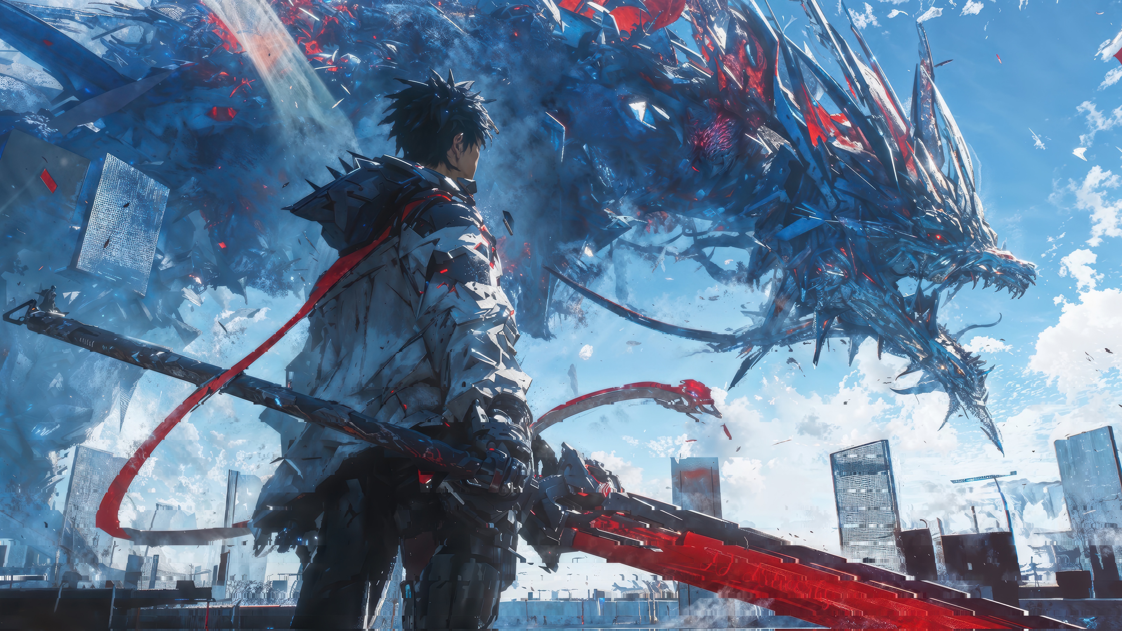 Warrior with Sword Fights Dragon in City 4K HD Wallpaper