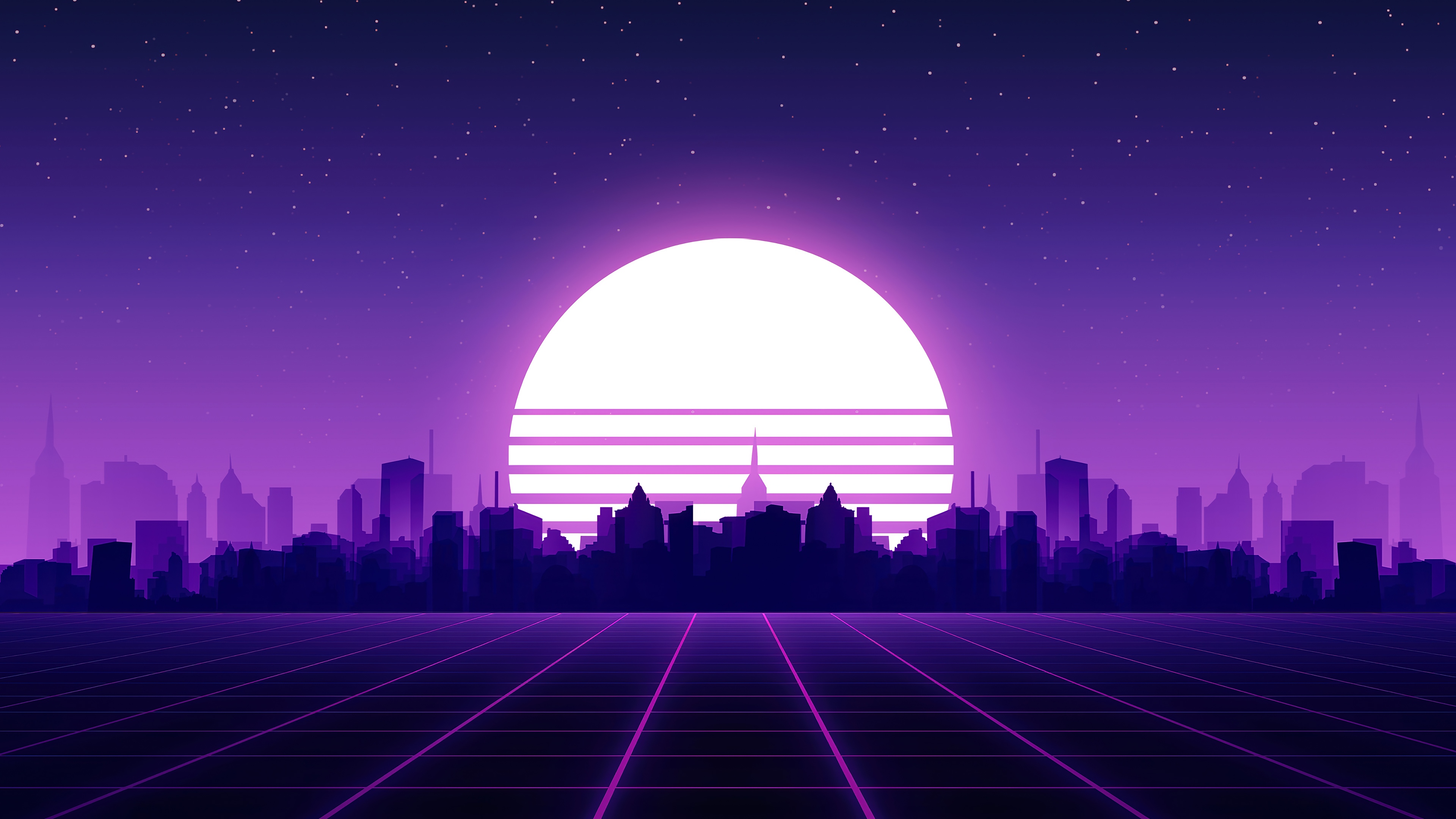 Synthwave City Sunset with Digital Grid HD Wallpaper