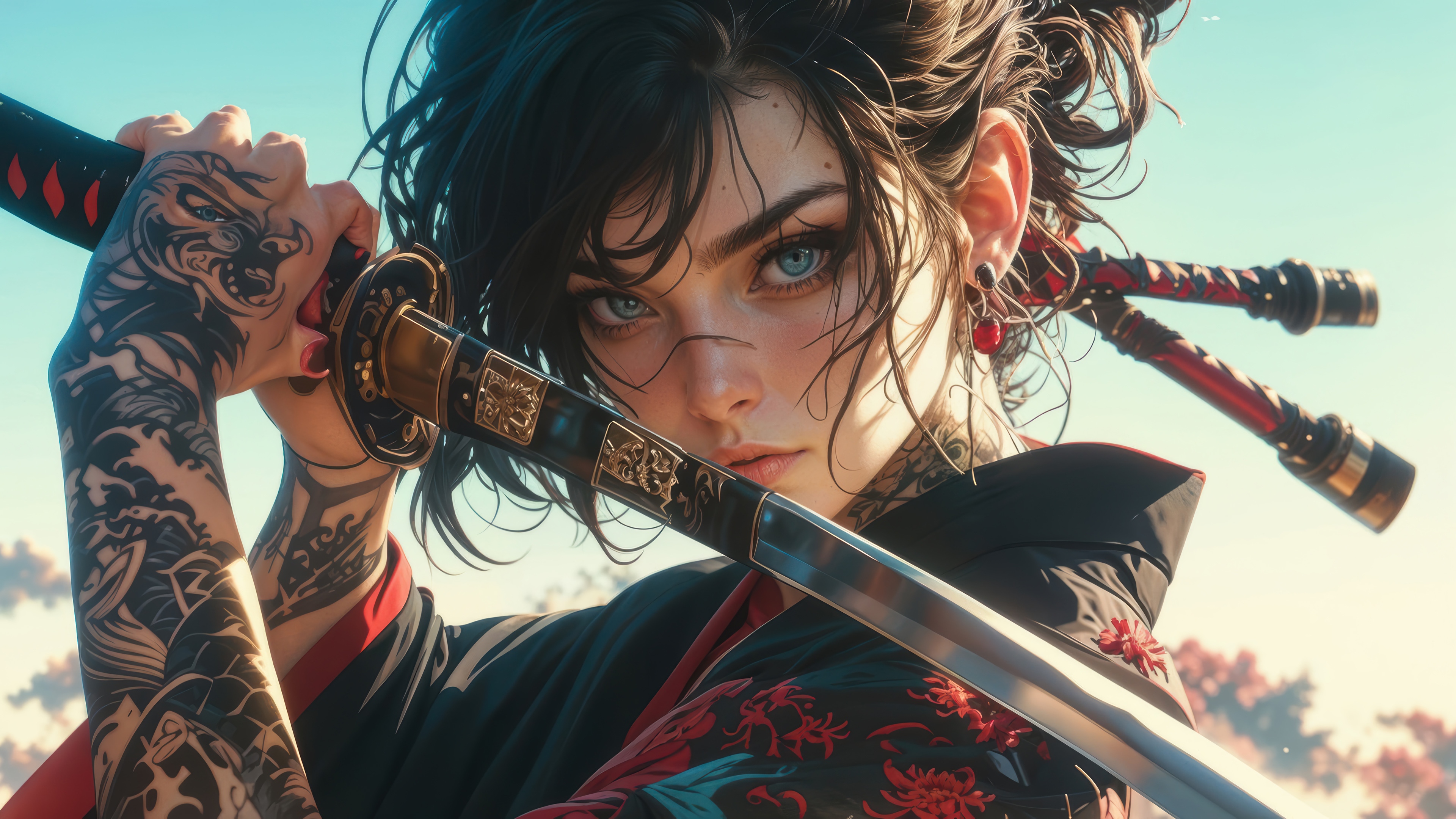 Girl with Katana and Tattoos in Kimono 4K HD Wallpaper