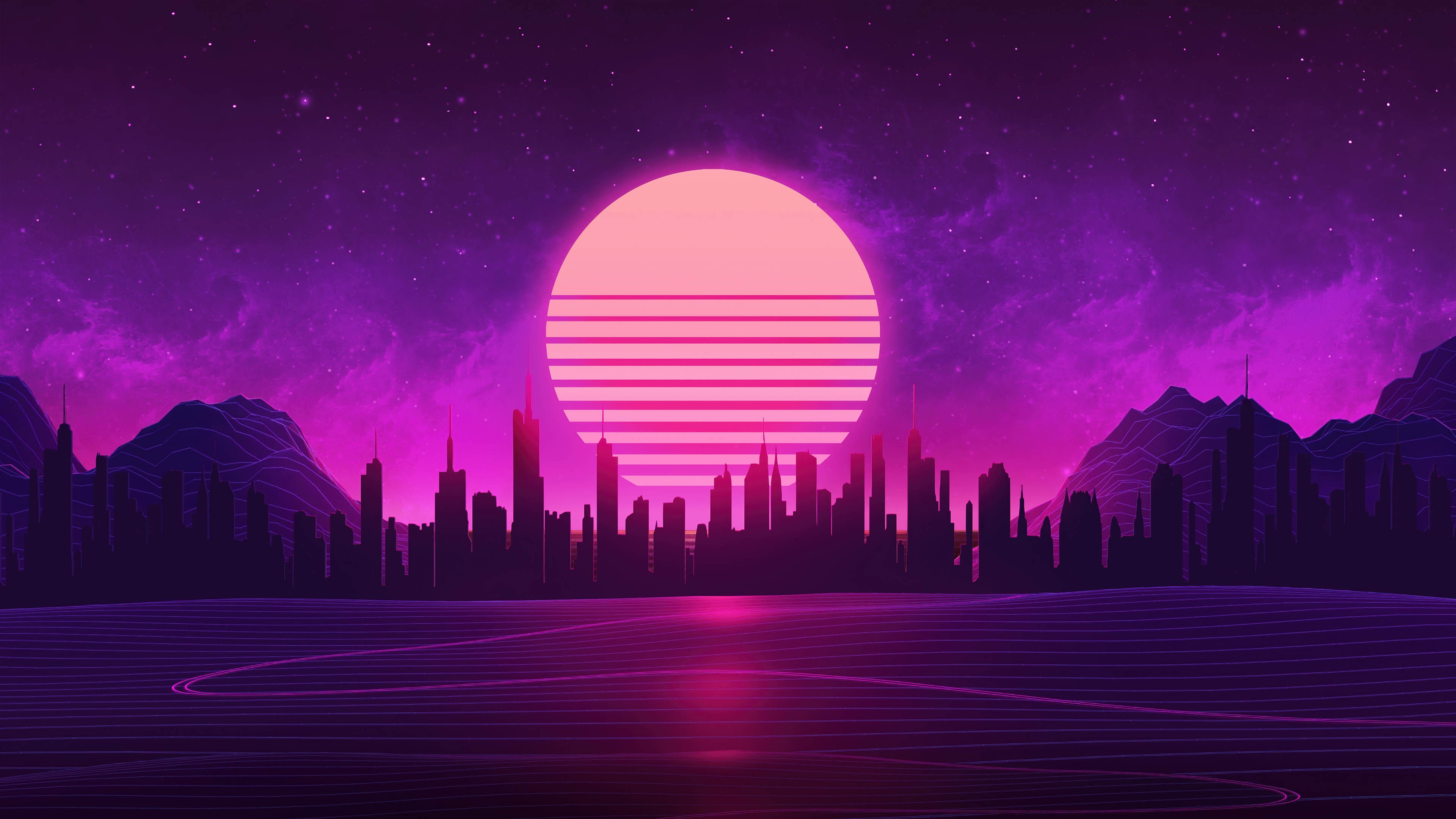 Synthwave Cityscape with Striped Sunset HD Wallpaper