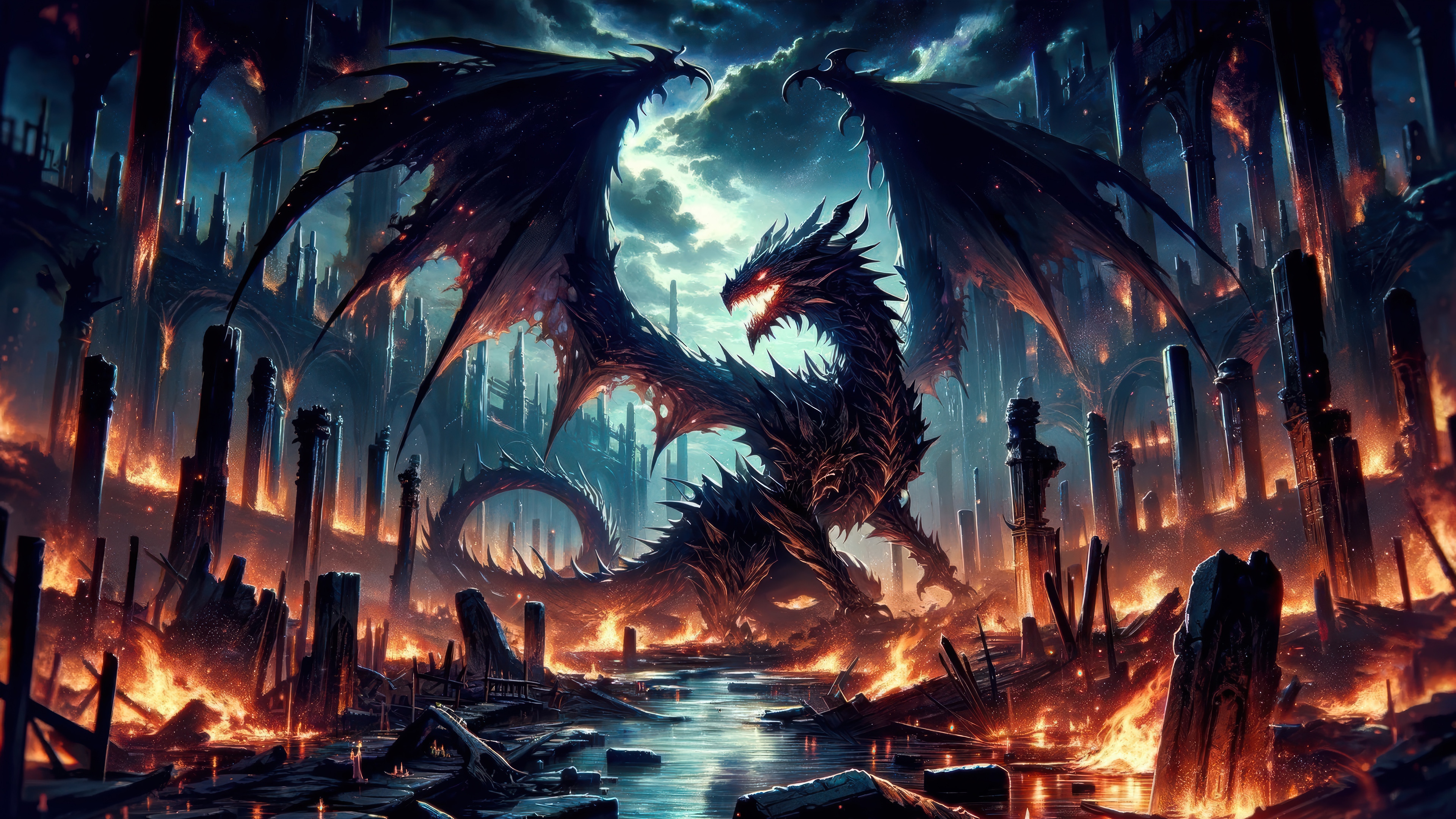 Dragon in a burning fantasy city 4K HD Wallpaper