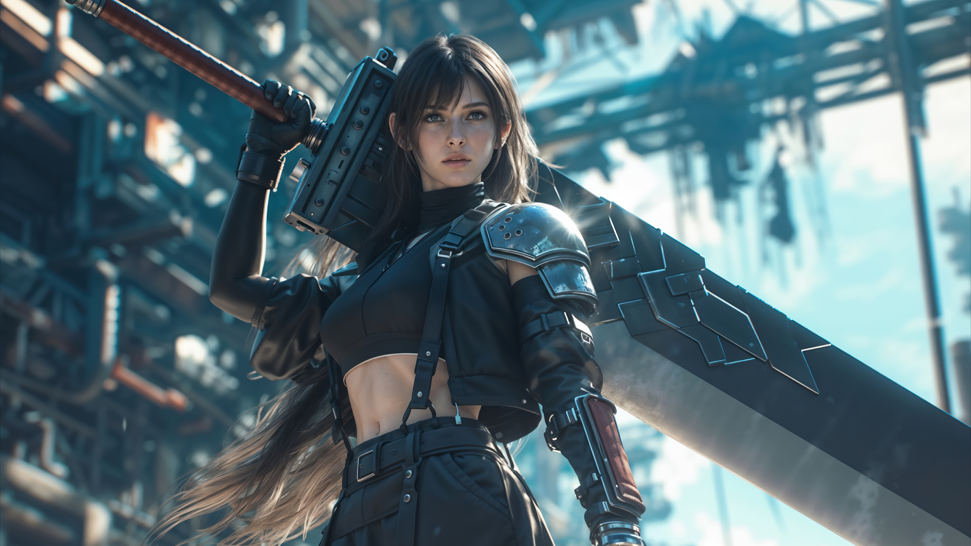 Girl with Big Sword in Sci-Fi City 4K HD Wallpaper