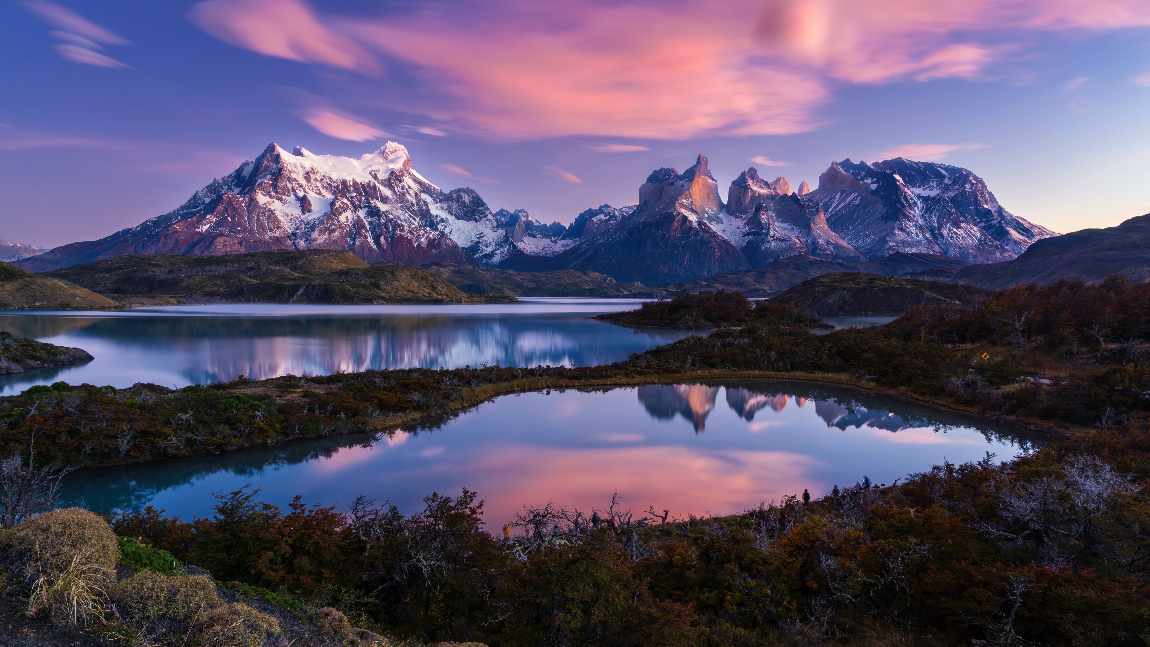 Snowy Mountains Reflecting in a Lake at Sunset HD Wallpaper