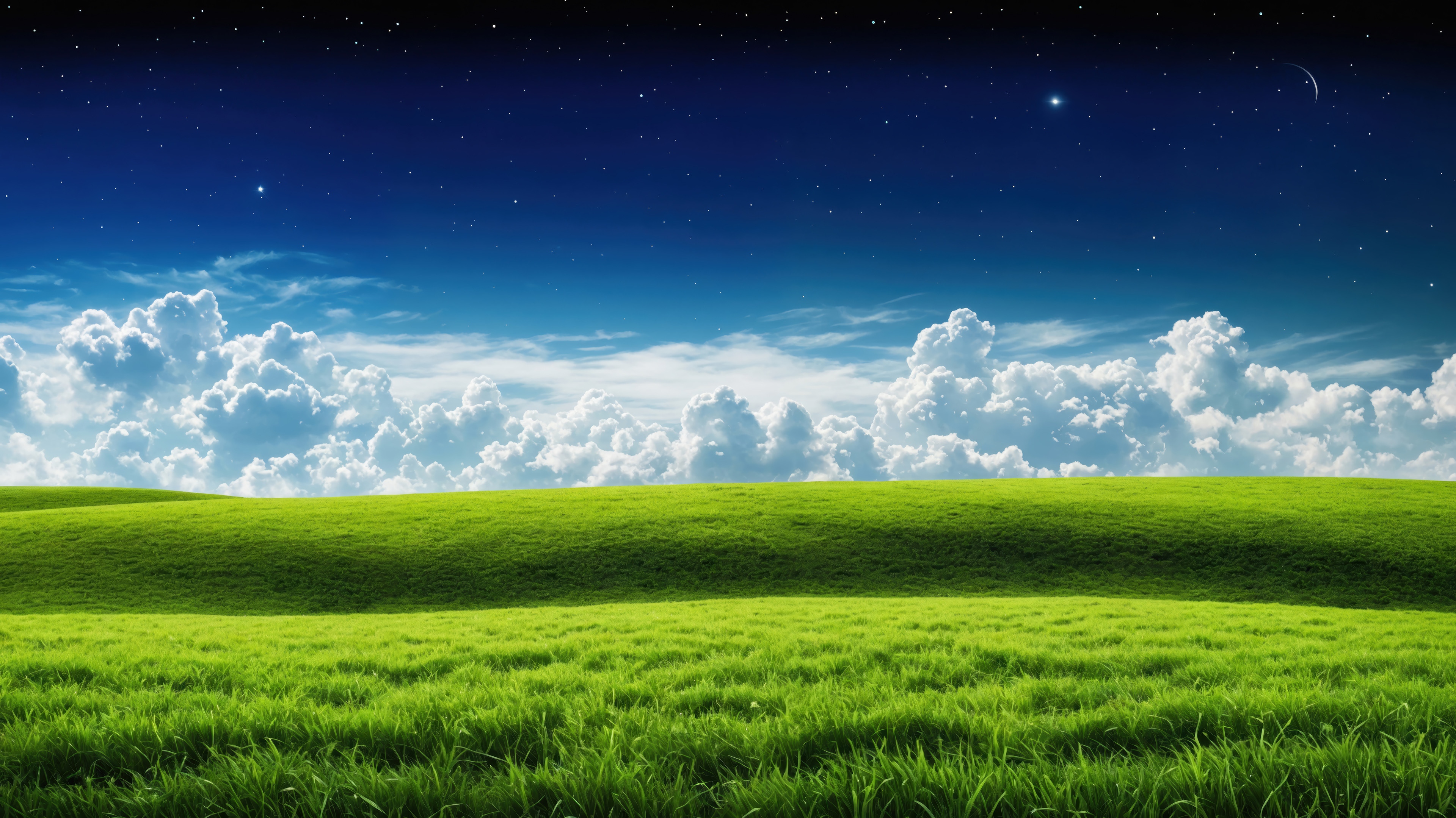 Green Field Under a Starry Sky with Clouds HD Wallpaper