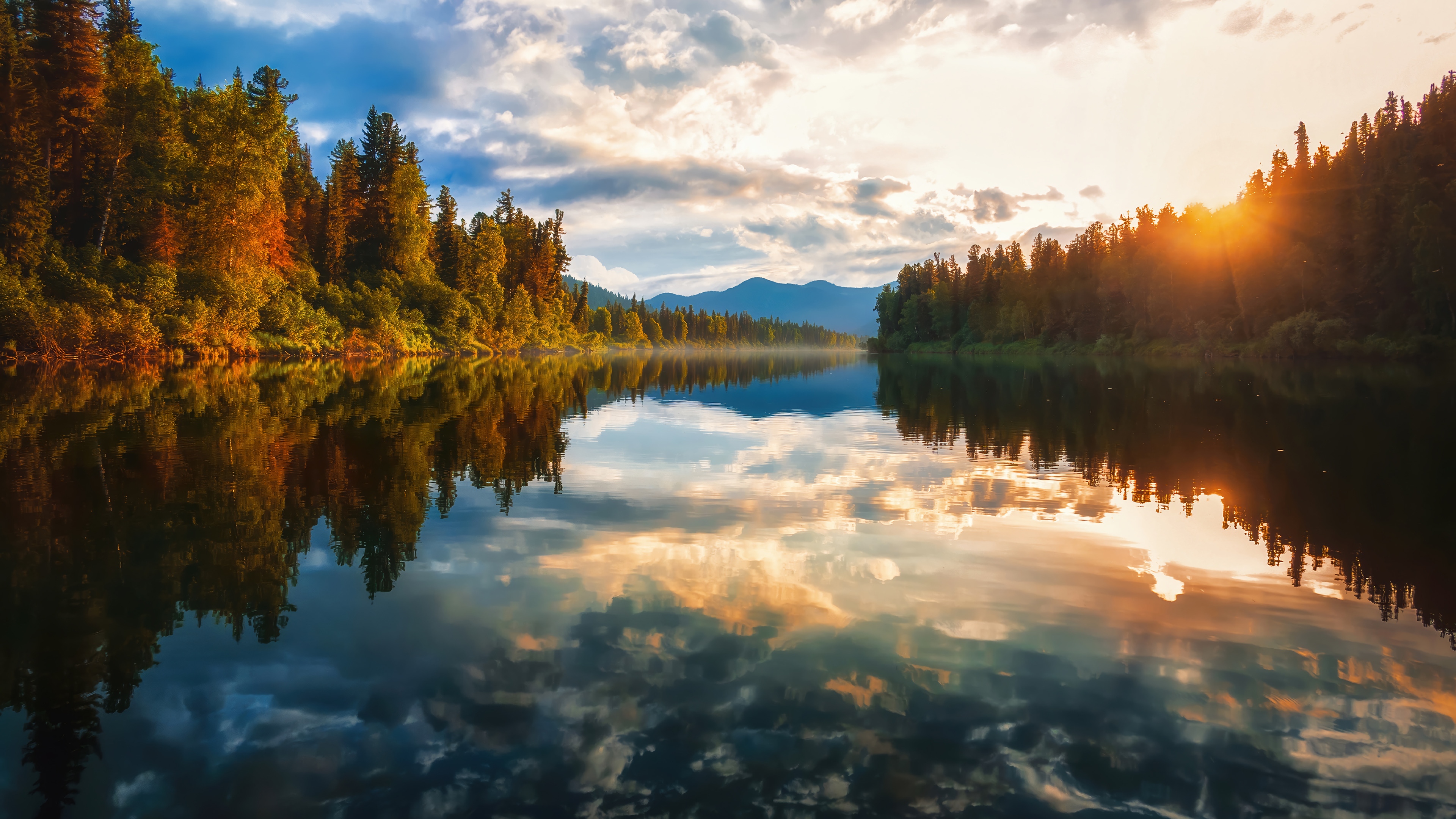 Sunset over a forest river with reflections HD Wallpaper