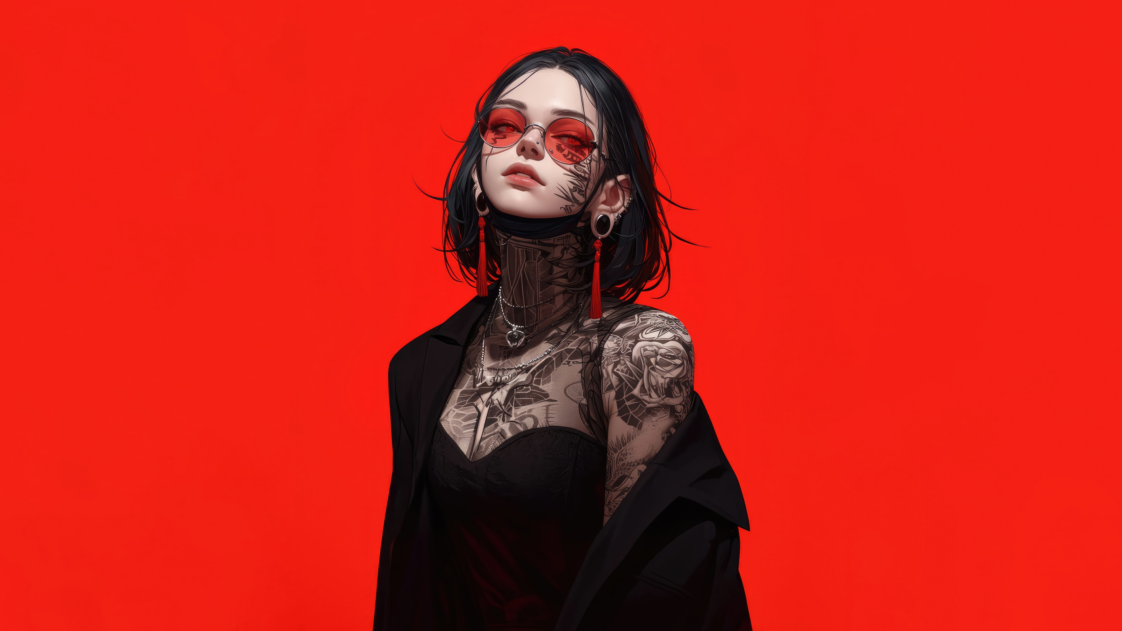Anime Girl with Tattoos and Sunglasses 4K HD Wallpaper