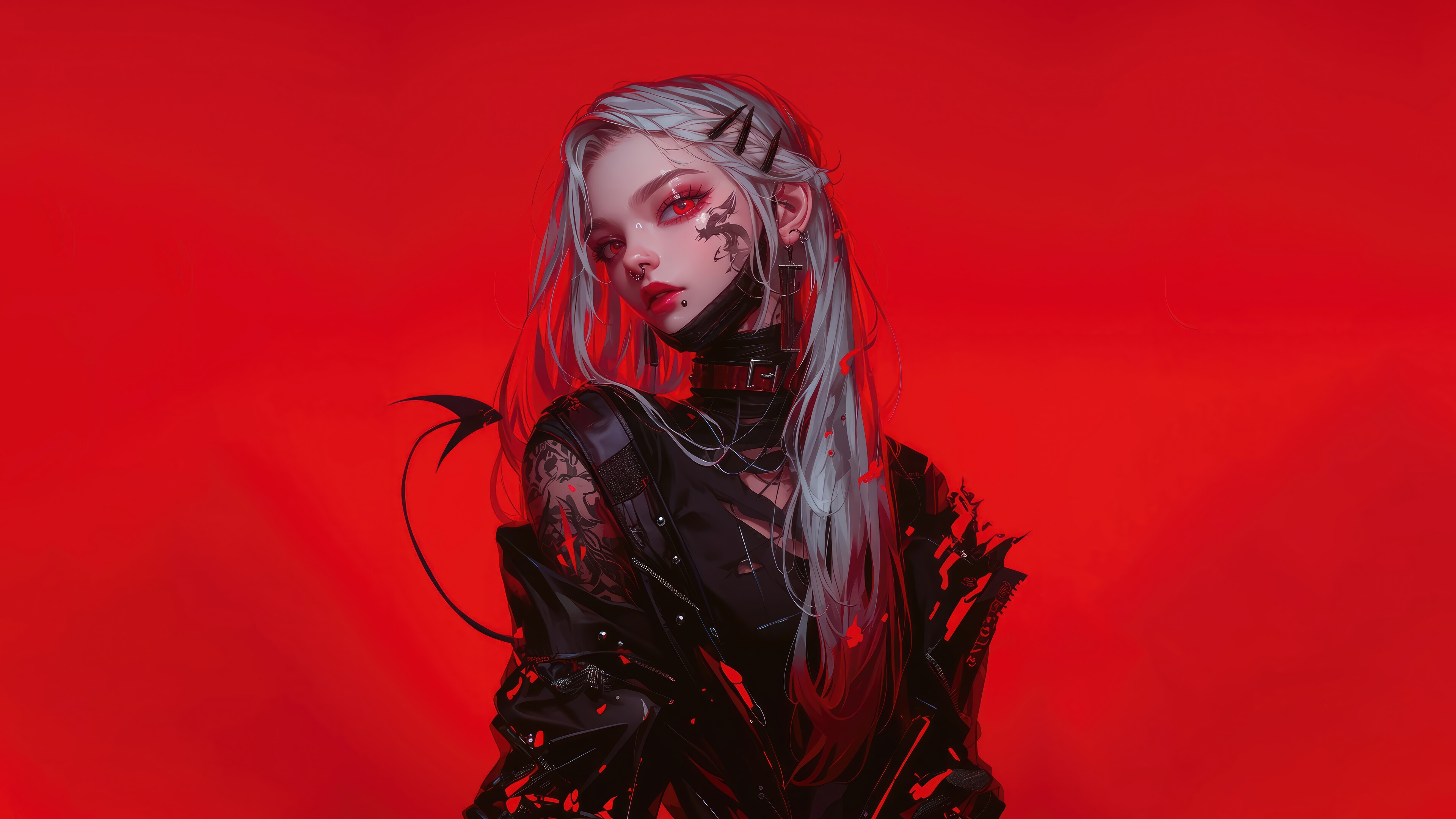 Anime Girl with White Hair and Red Eyes 4K HD Wallpaper