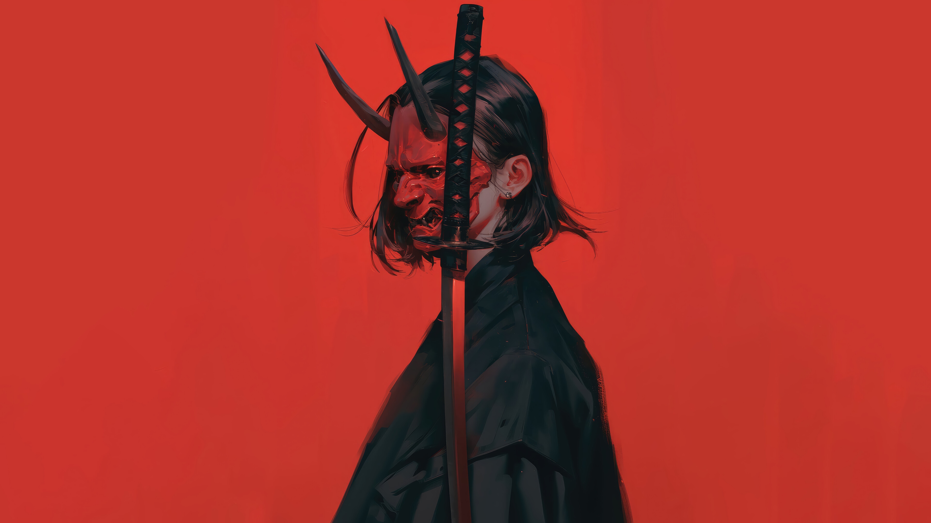 Girl with Oni Mask and Katana 4K HD Wallpaper