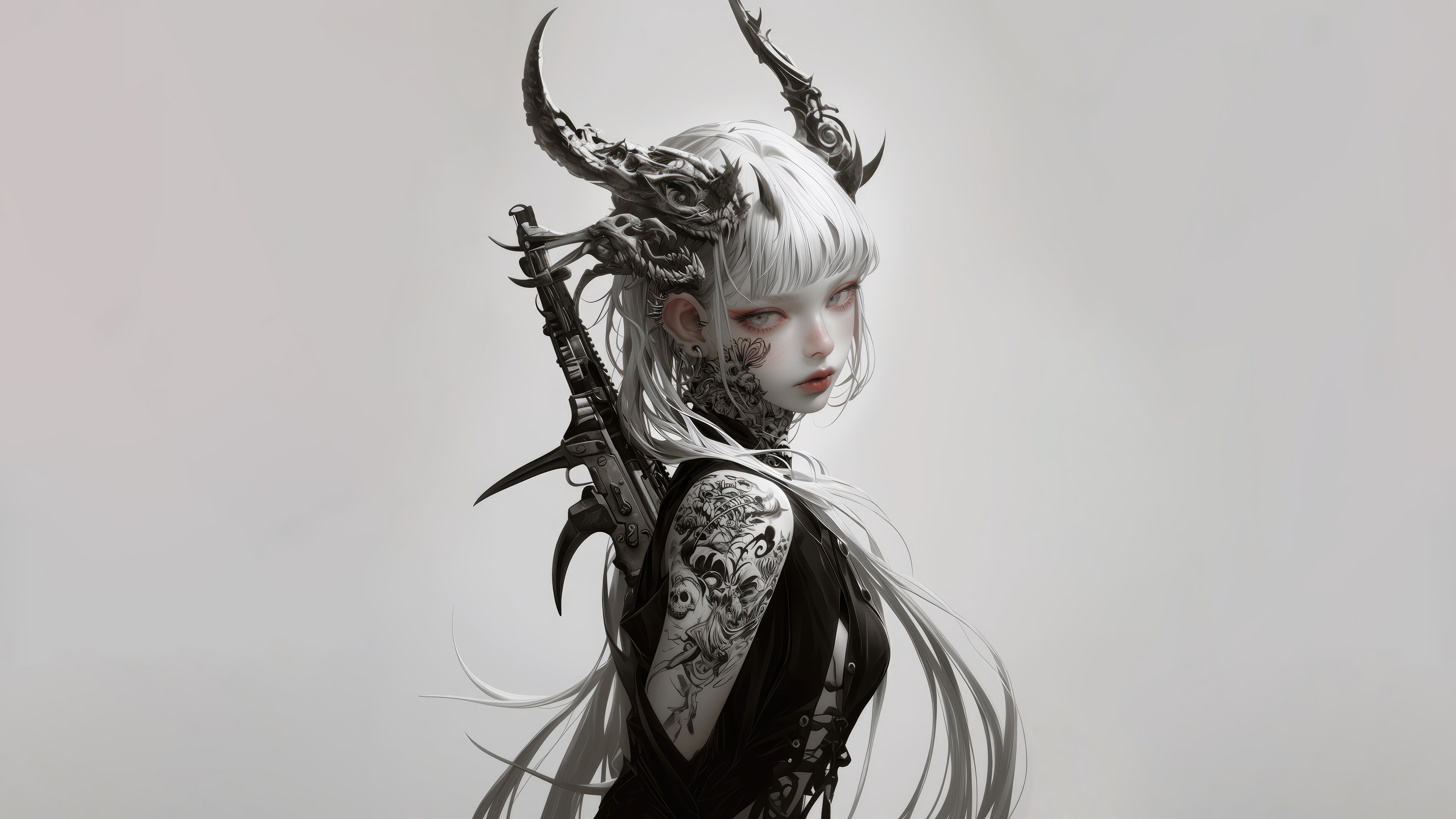 Anime Girl with Dragon Horns and Tattoos HD Wallpaper