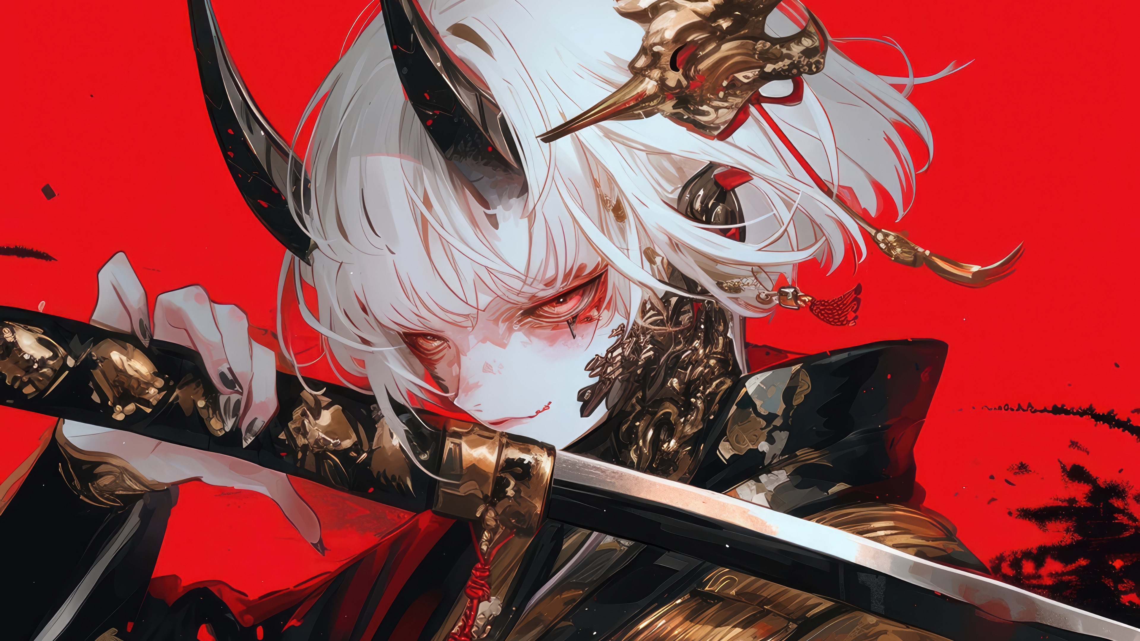 Anime Girl with Katana and Horns 4K HD Wallpaper