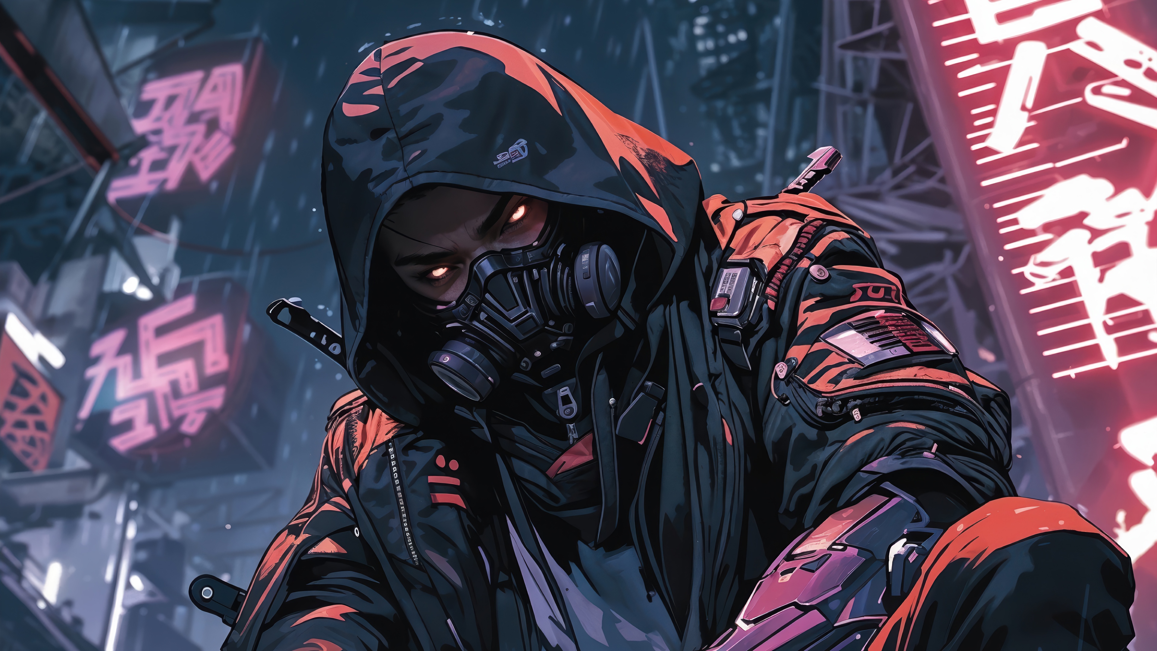 Cyberpunk Anime Boy with Gas Mask and Sword HD Wallpaper