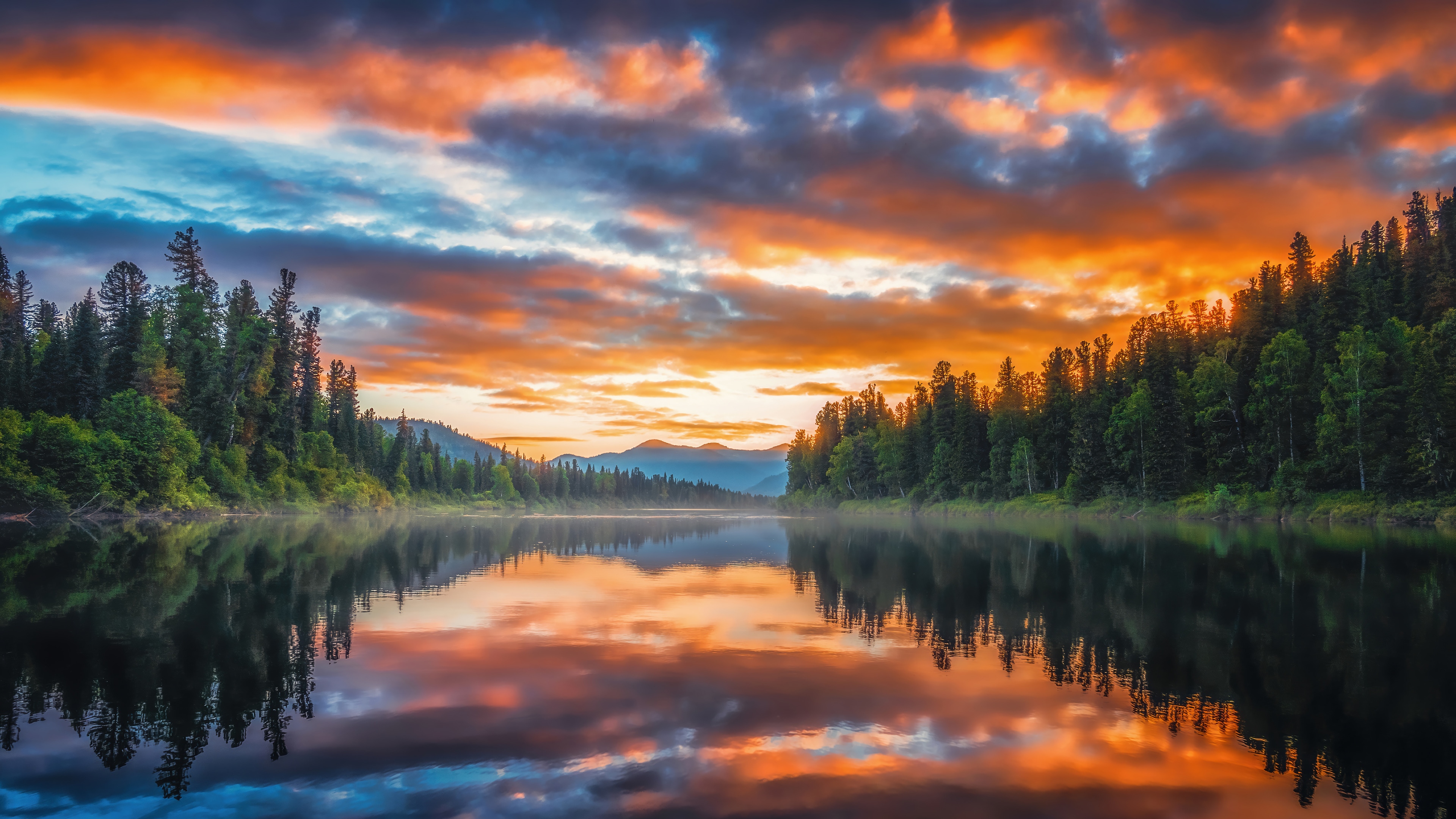 Sunset over a forest river with reflections HD Wallpaper