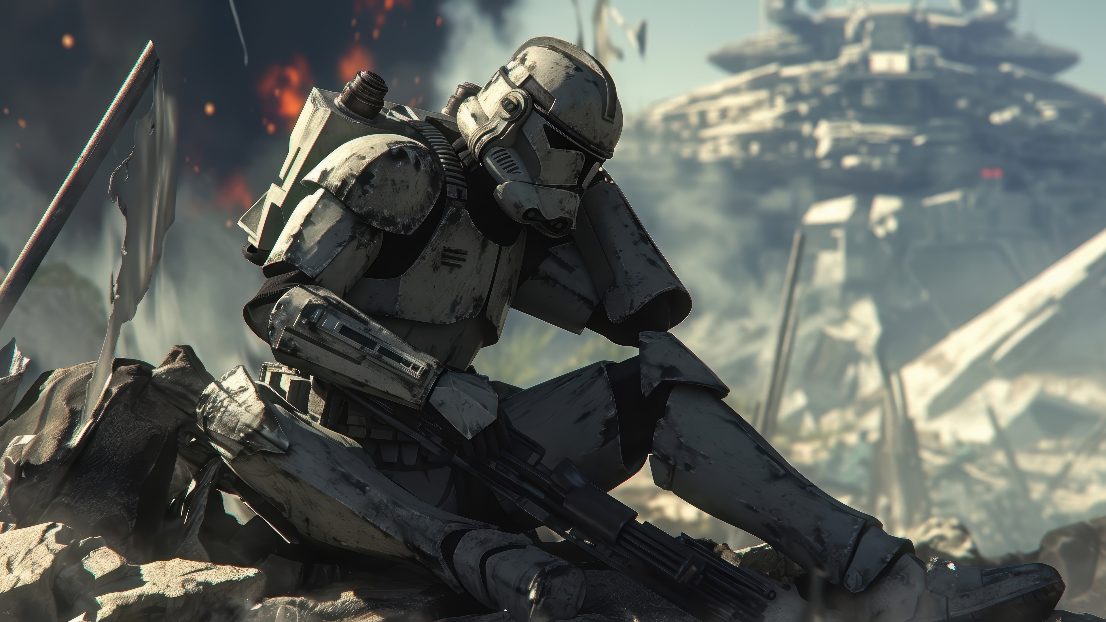 Star Wars Stormtrooper sitting in ruins 4K HD Wallpaper