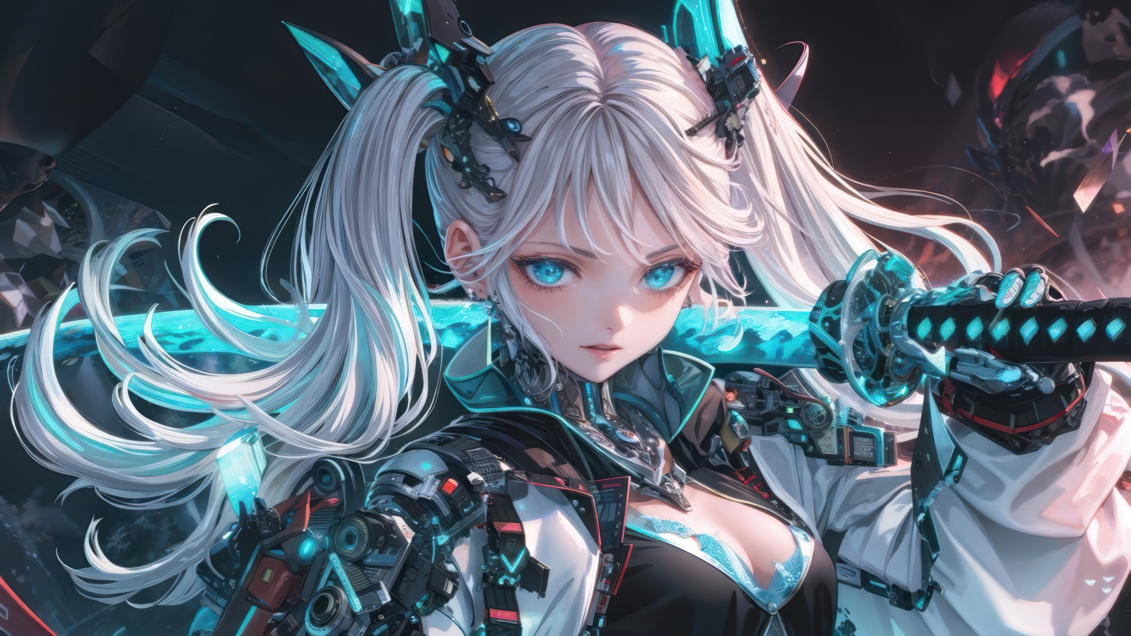 Anime Girl with White Hair and Katana in Cyberpunk Sci-Fi HD Wallpaper