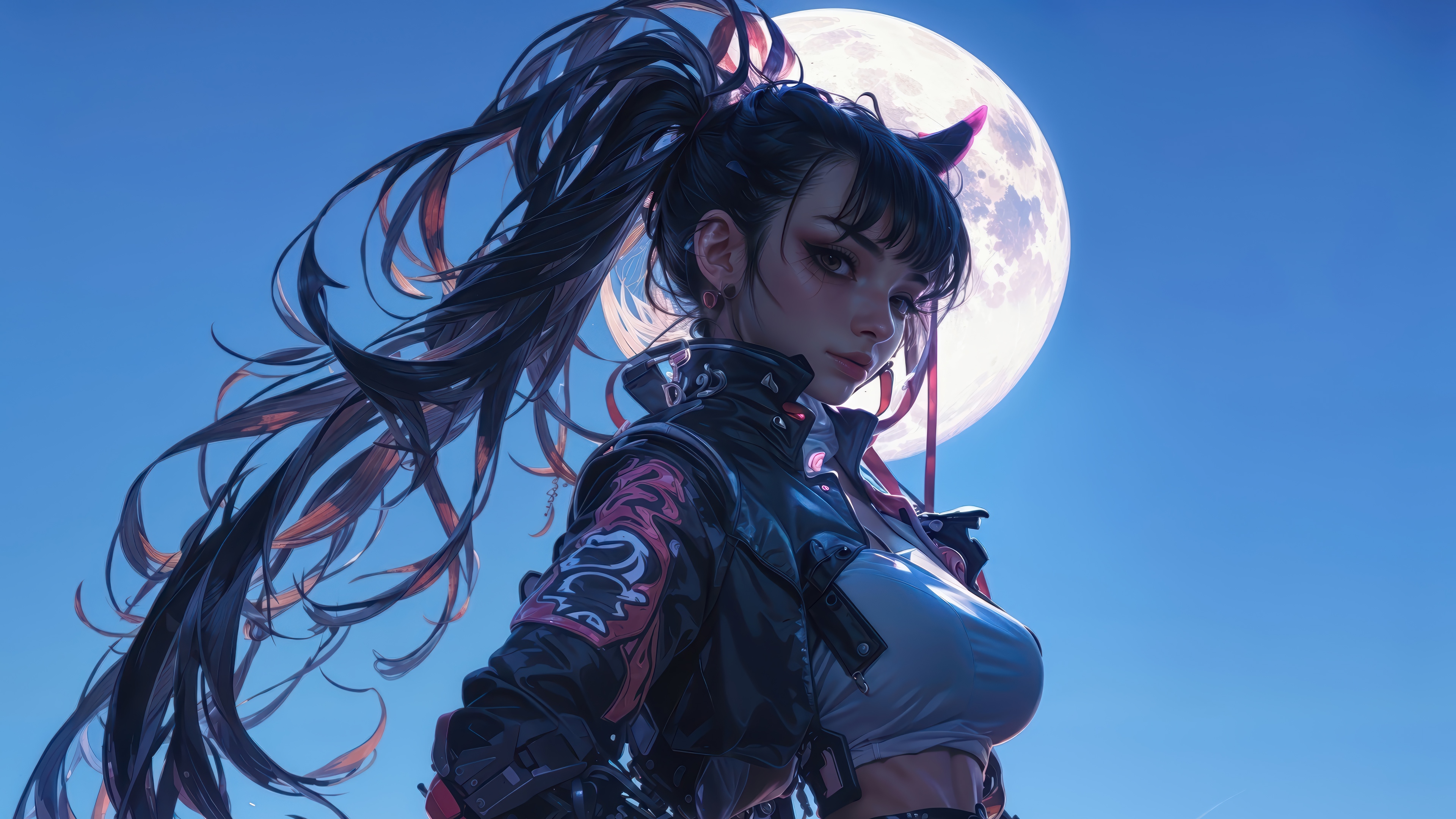 Anime Girl with Cat Ears and Moon 4K HD Wallpaper
