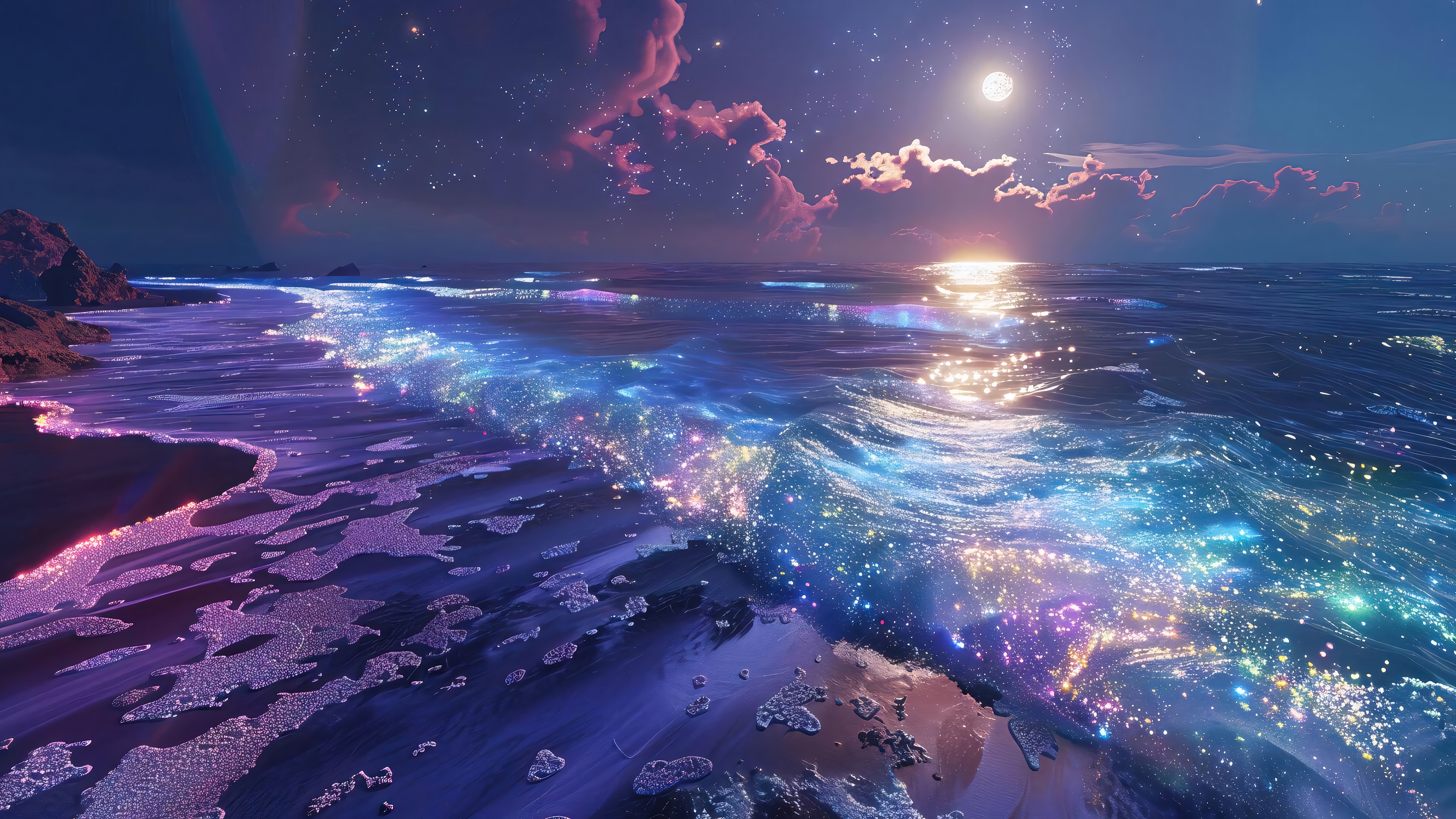 Ocean waves under the moonlit night sky 4K HD Wallpaper