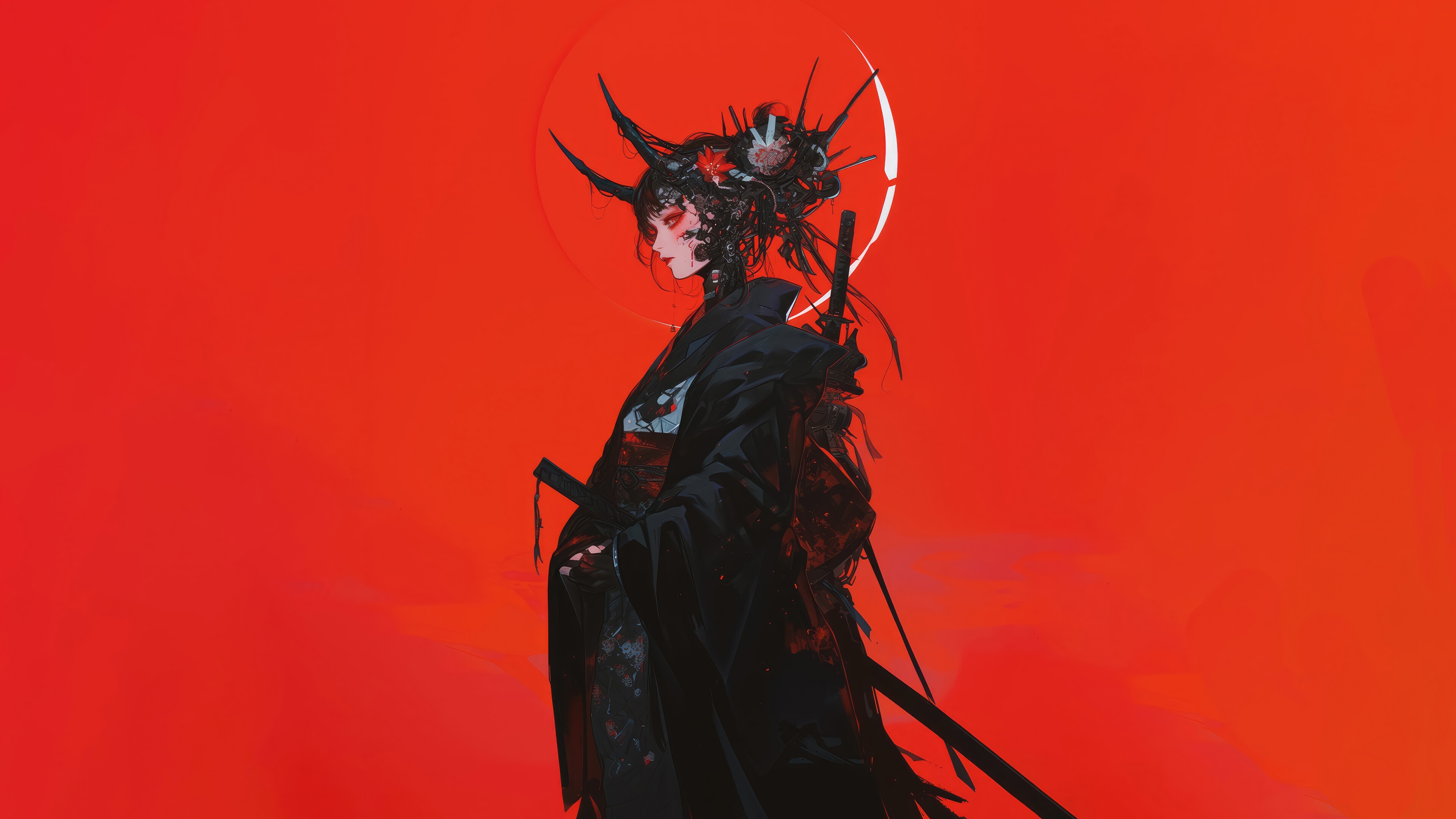Anime Girl with Horns and Kimono in 4K HD Wallpaper