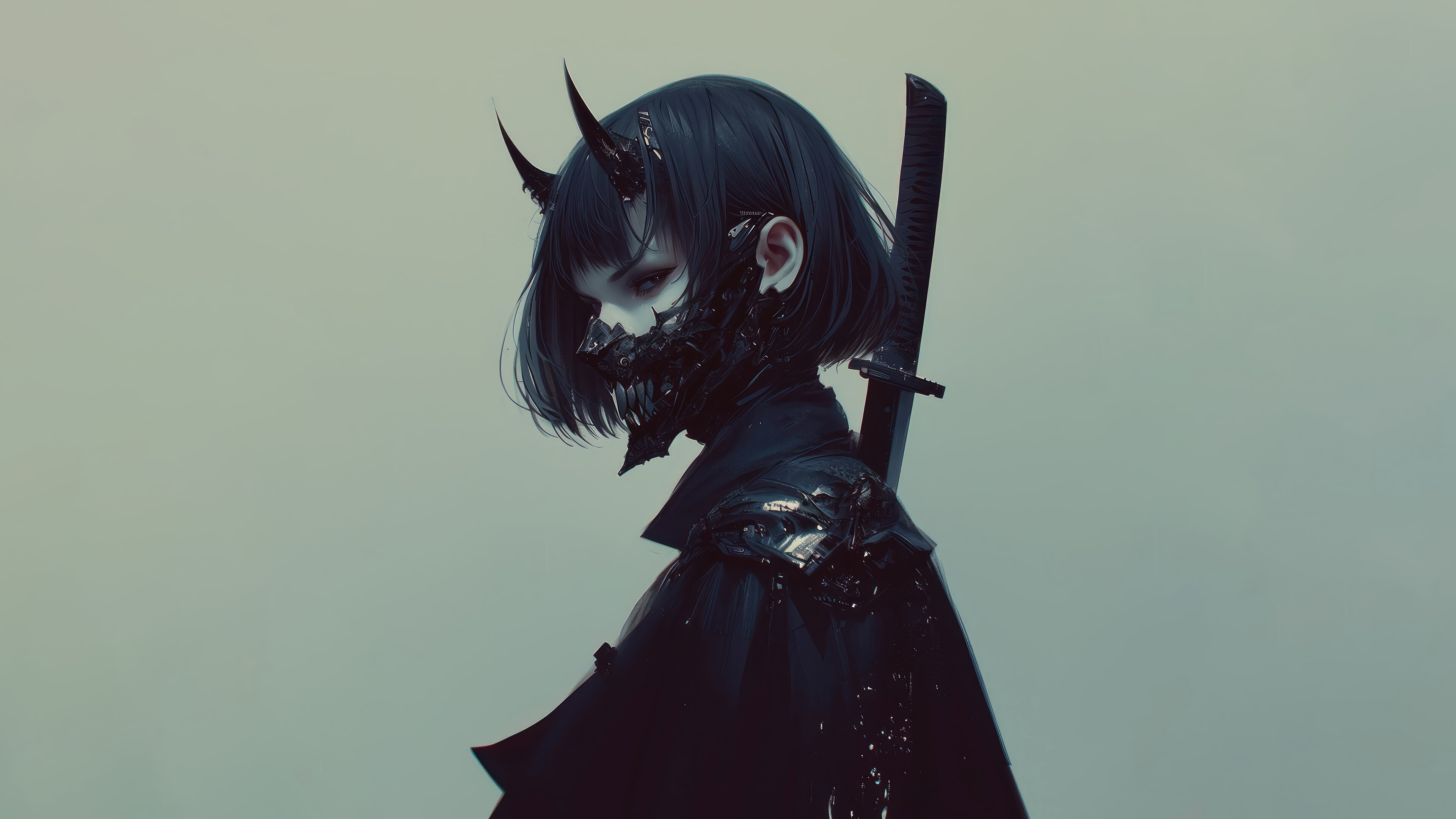 Anime girl with horns and mask holding a sword HD Wallpaper