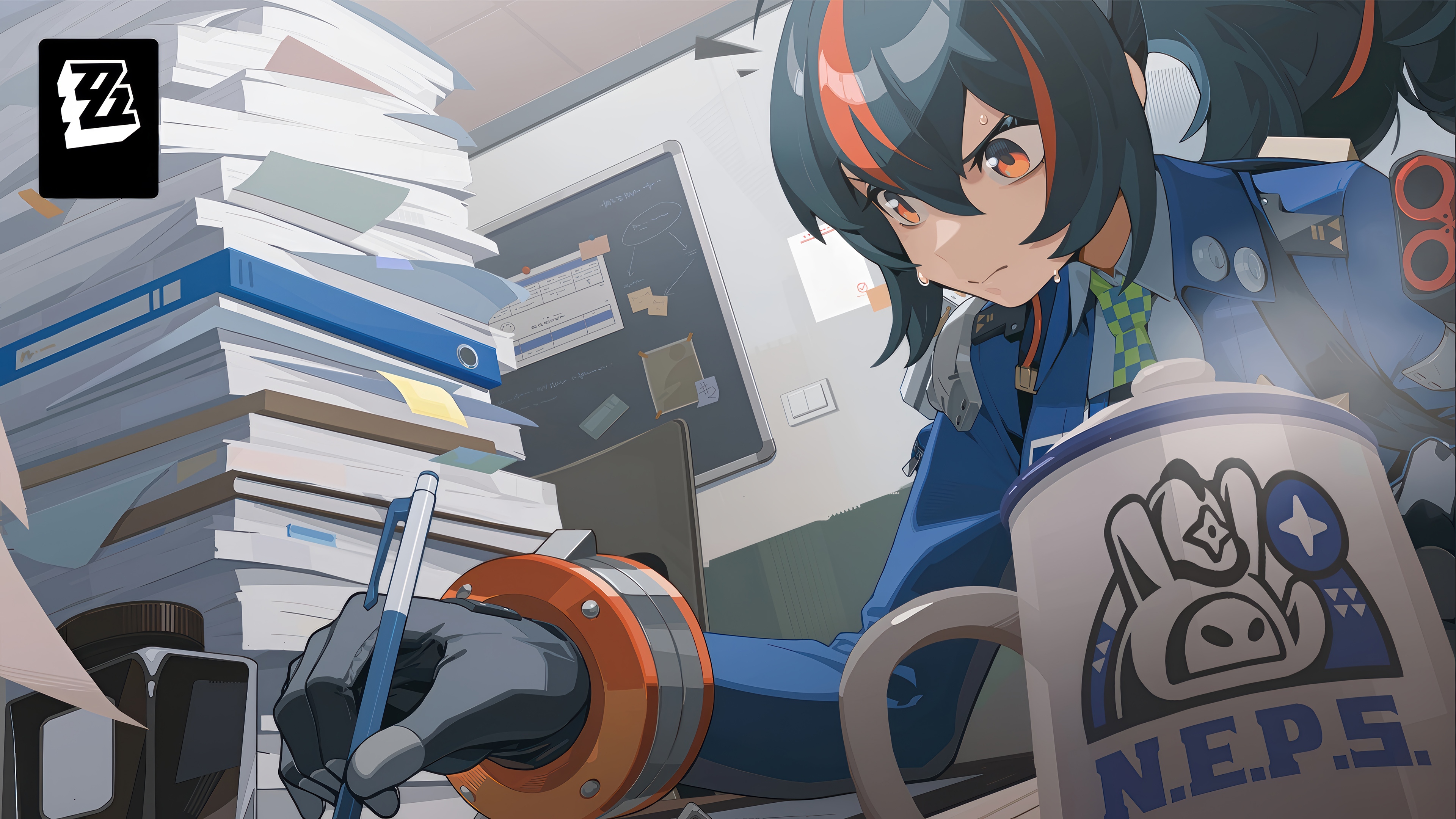 Zhu Yuan working at a desk in Zenless Zone Zero 4K HD Wallpaper