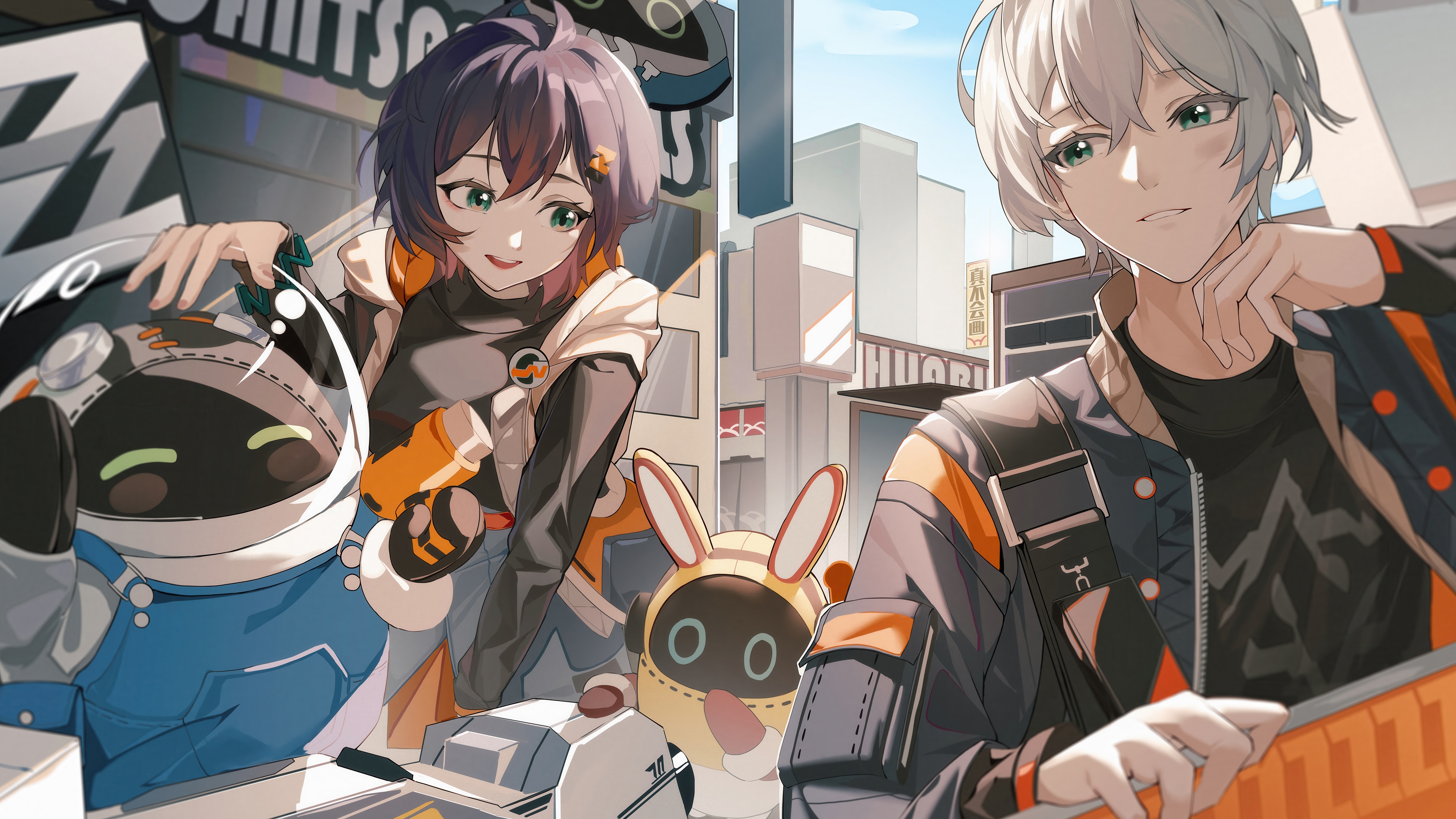 Zenless Zone Zero Belle and Wise with robots HD Wallpaper