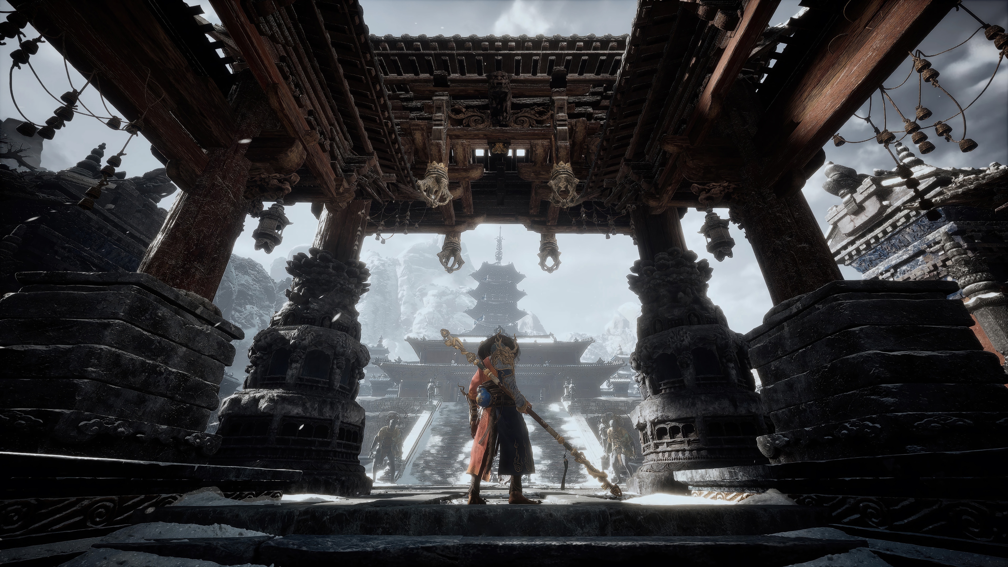 Wukong in front of a temple in 4K HD Wallpaper