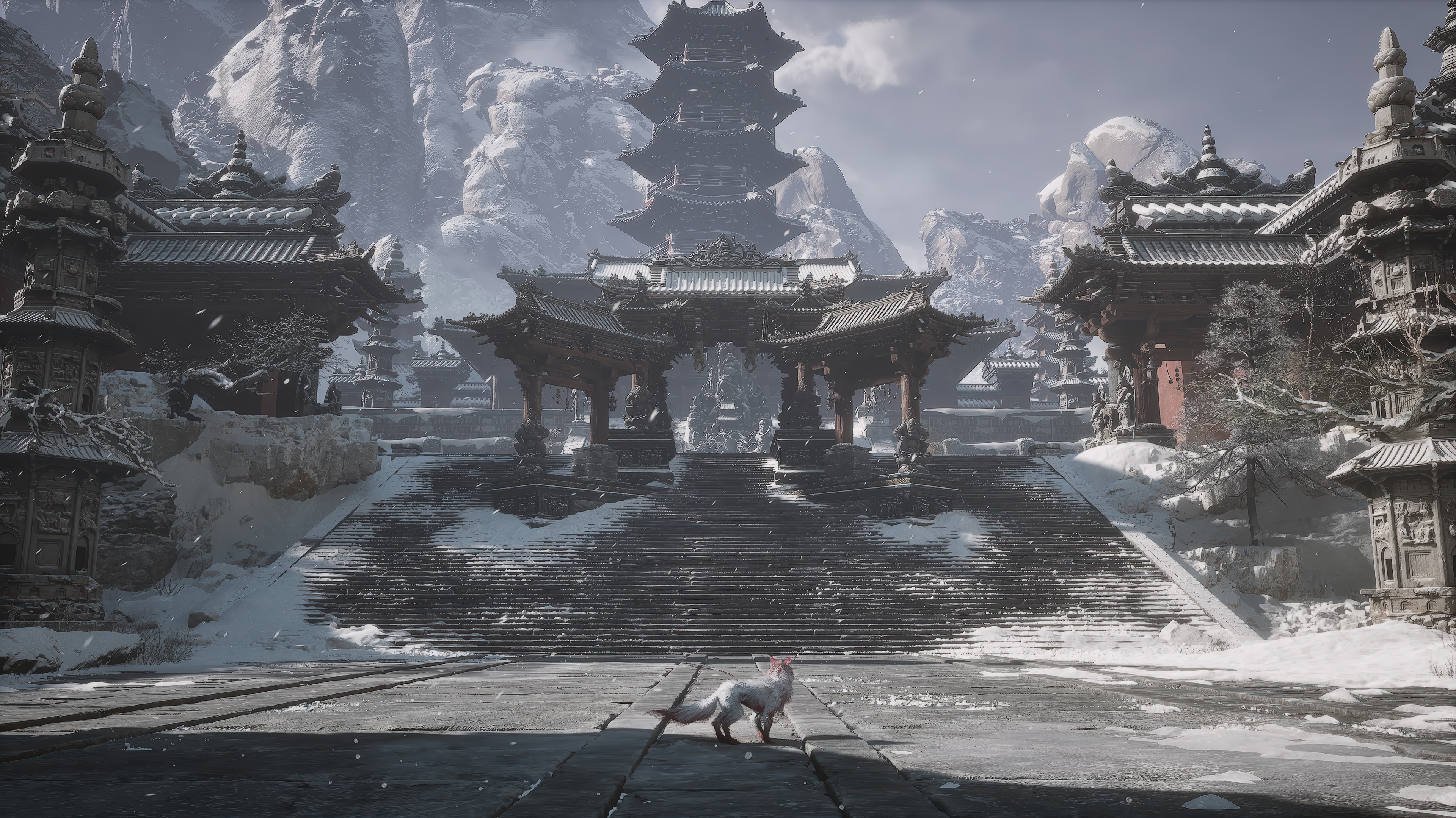 Mythical Fox in Snowy Asian Temple 4K HD Wallpaper