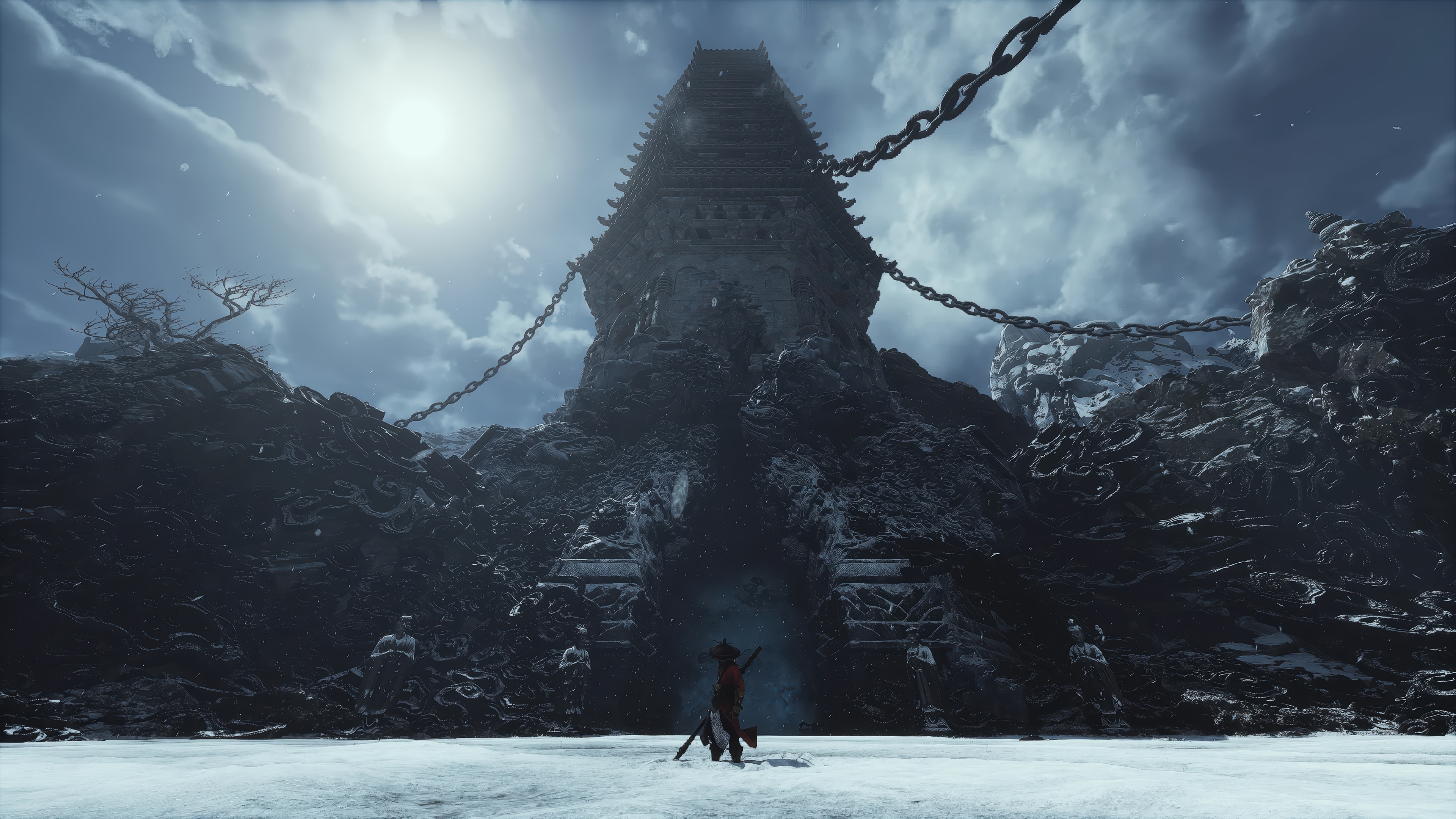 Wukong in front of a dark, imposing temple with chains HD Wallpaper