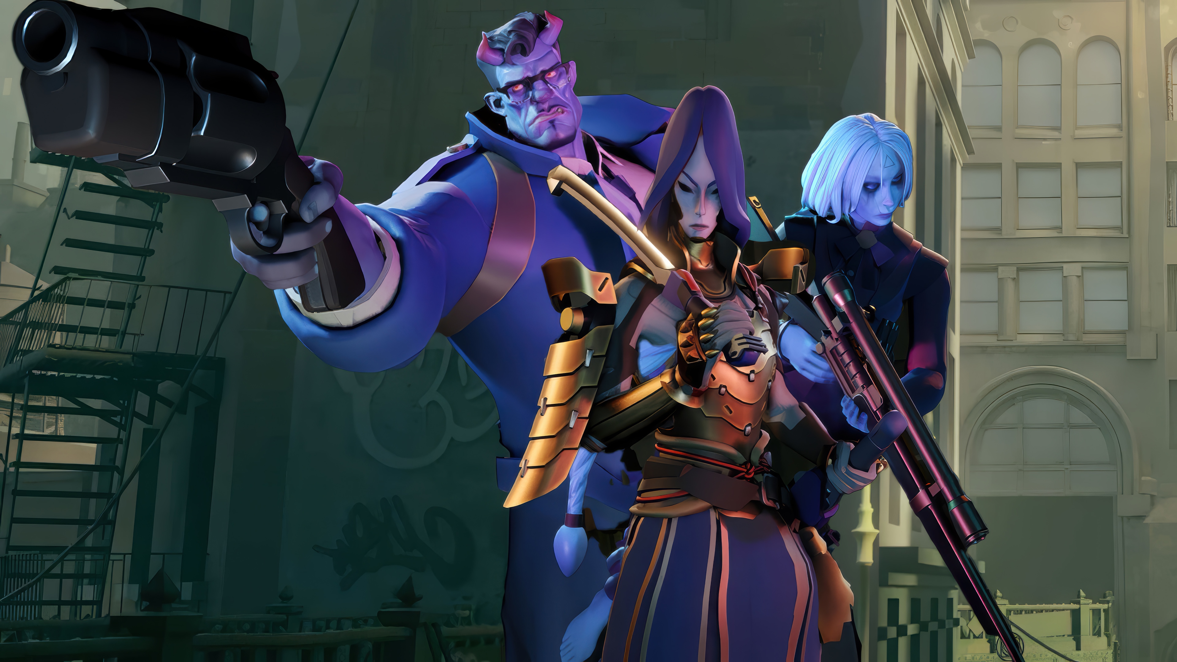 Deadlock characters with guns in city HD Wallpaper