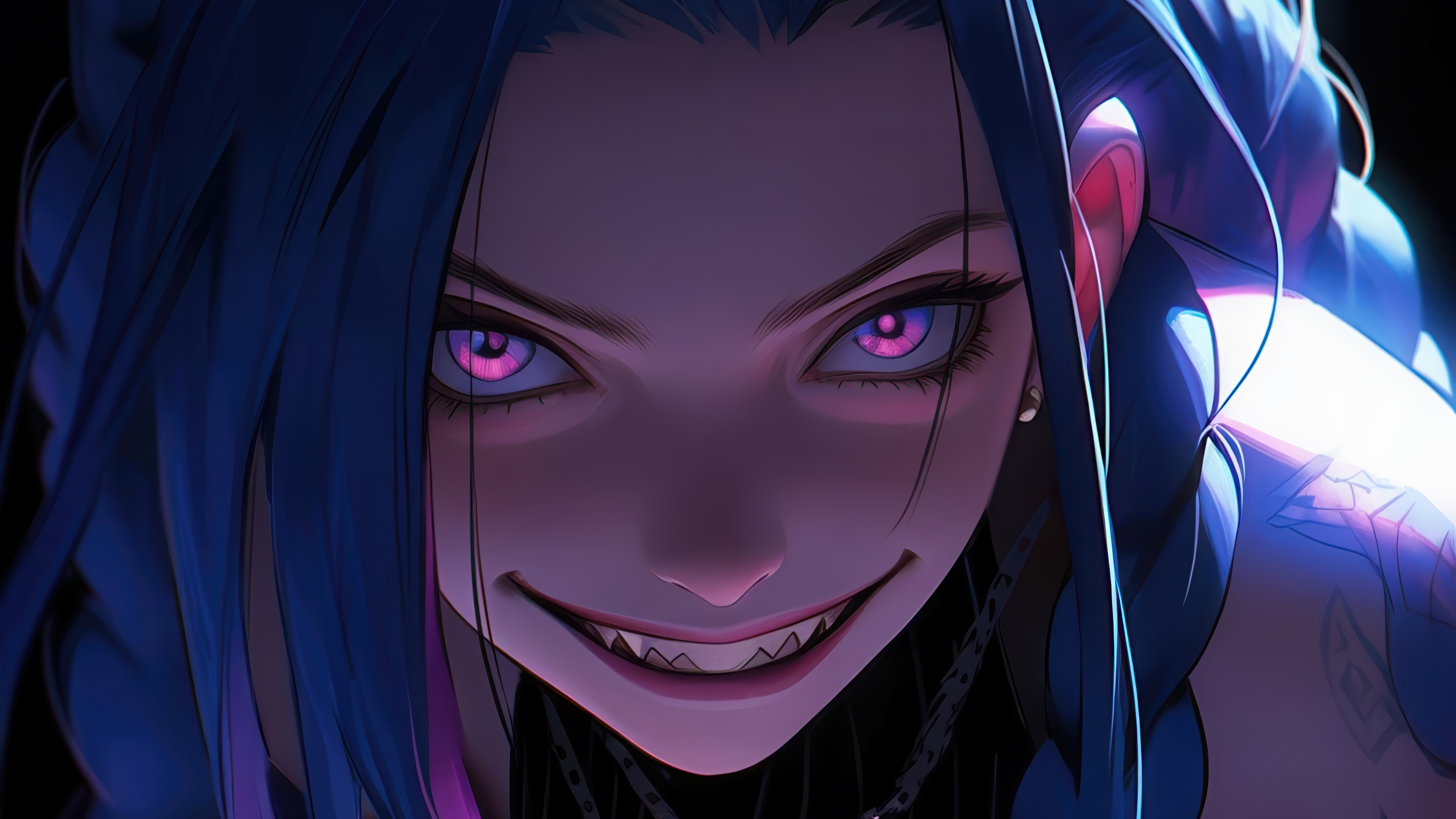 Jinx from League of Legends smiling with pink eyes HD Wallpaper