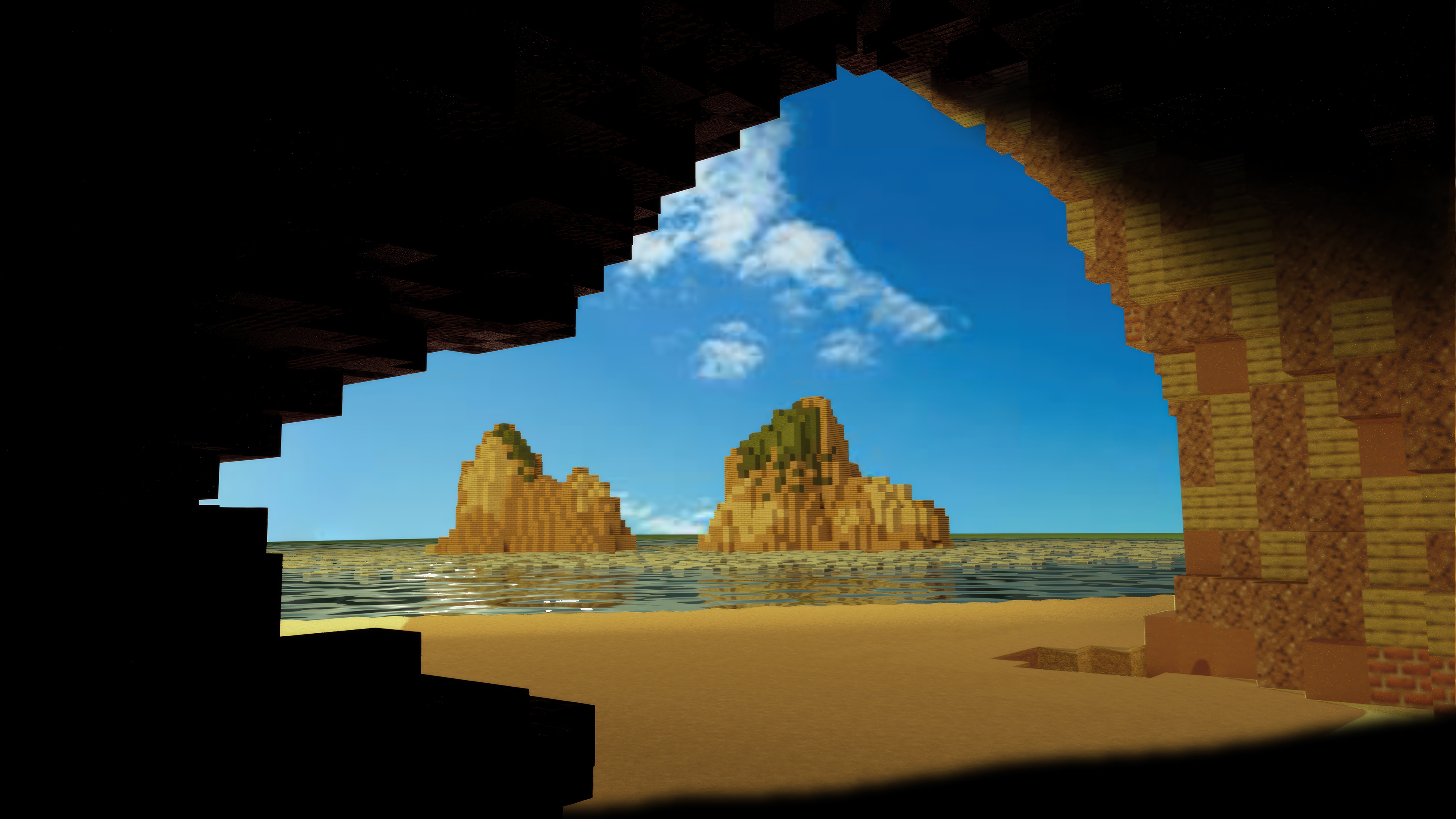 Minecraft 4K beach view from a cave HD Wallpaper