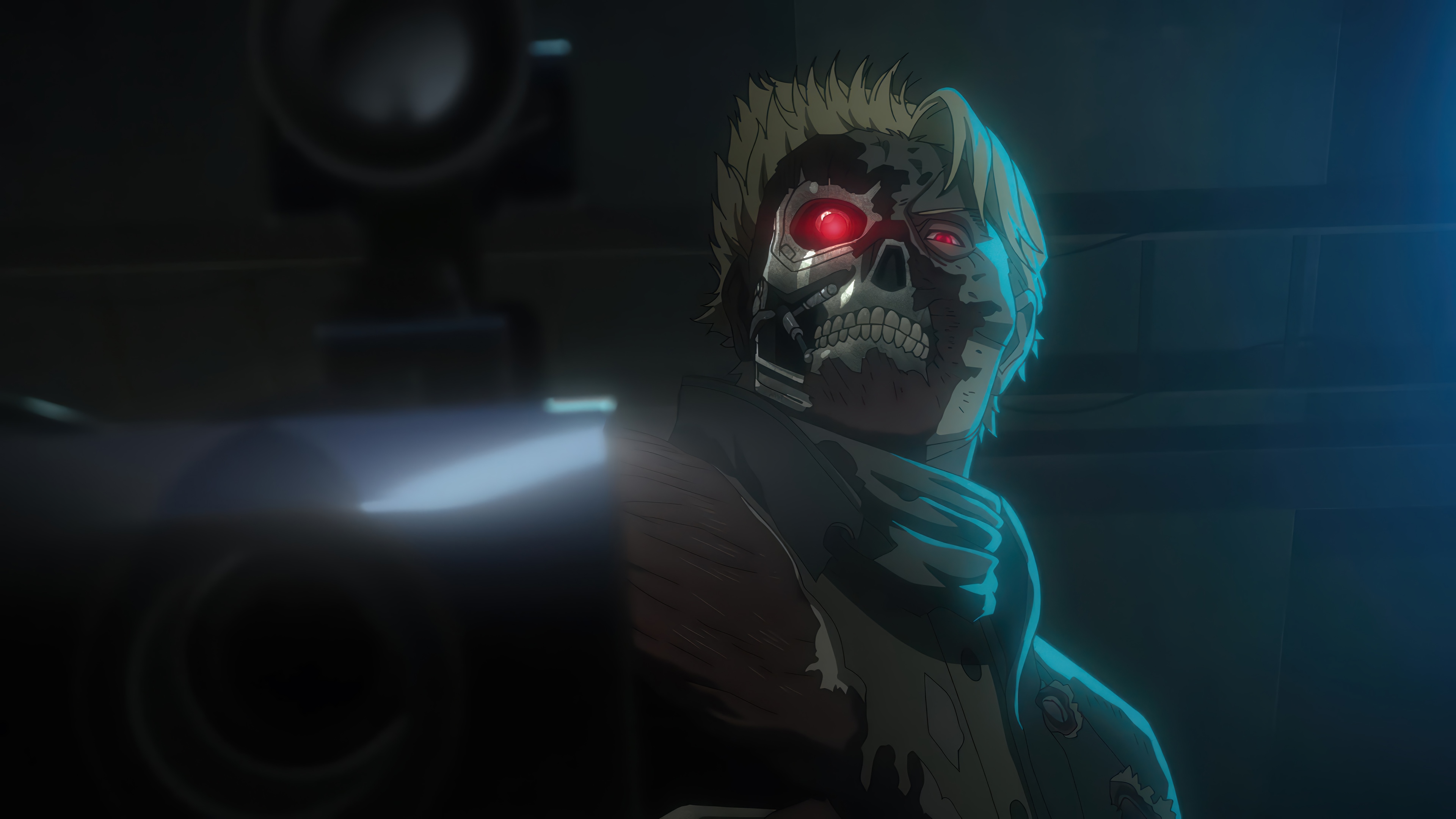 Terminator Zero character with glowing red eyes HD Wallpaper